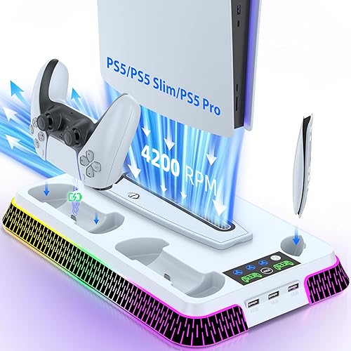 Lictin PS5/Pro/Slim Stand and Cooling Station, Dual Controller Charging Station with Ambient RGB Lighting for PlayStation 5 Console, PS5 Stand Controller Charger for Disc & Digital with Cooling Fan