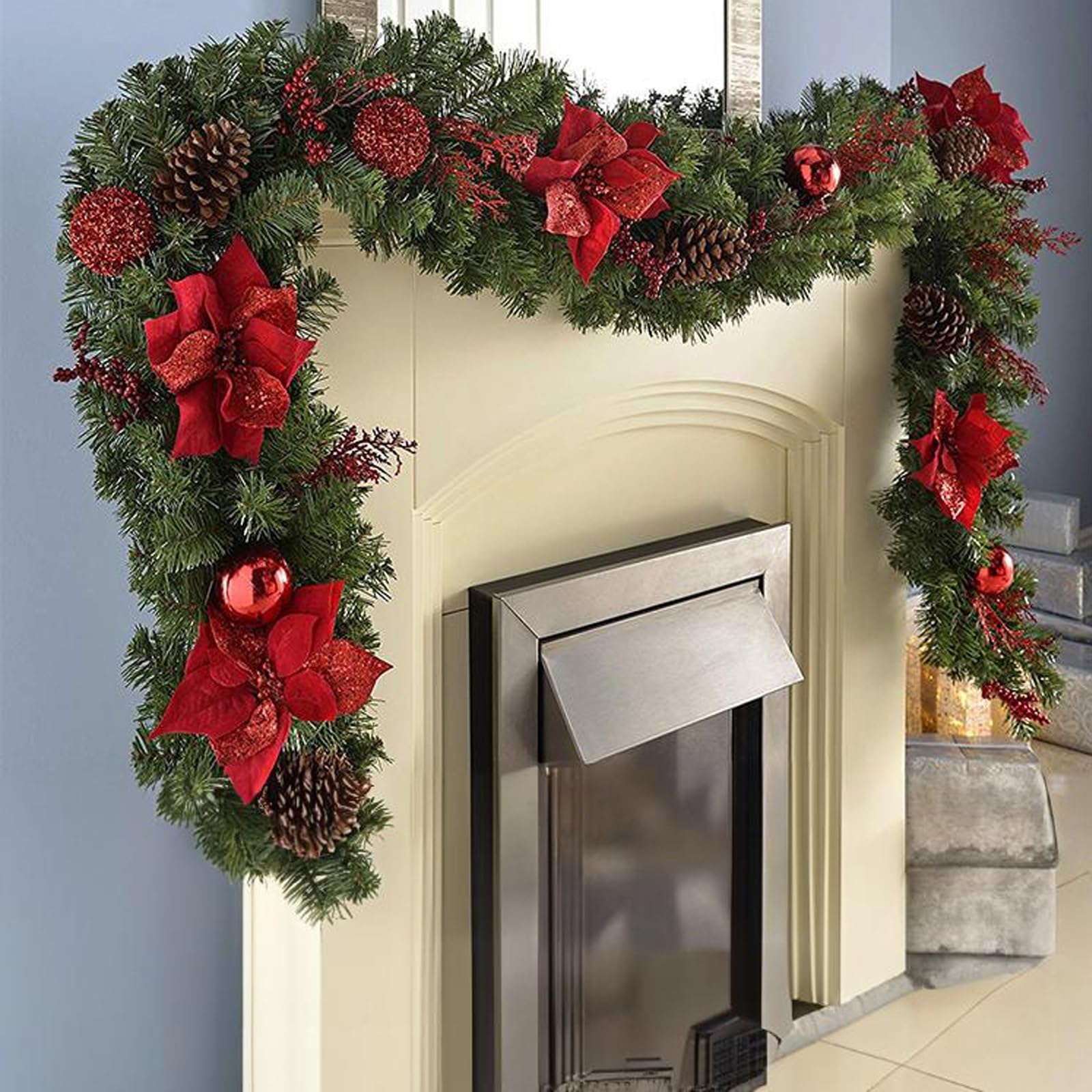 OPFdfhDFH Christmas wreaths, 9 FT Pre-lit Artificial Bushy Xmas Garlands, Mantle Garland with Pine Cones, Berries, Balls, Flower Decorations for Indoor/Outdoor/Home/Fireplace(Red)
