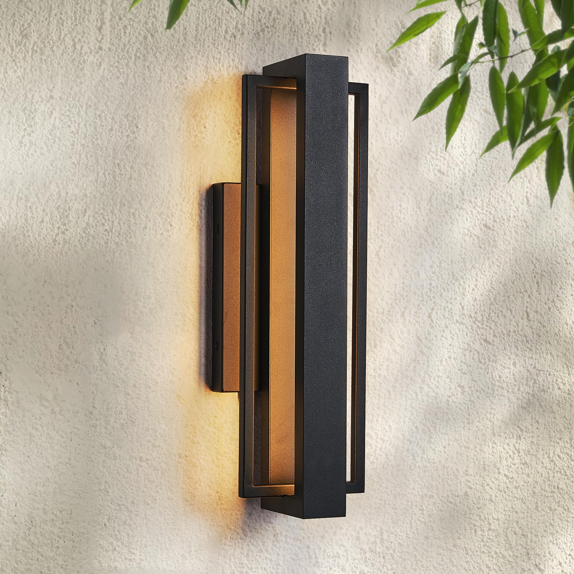 Double Square Frame Outdoor LED Wall Light 15 Inch Textured Black Wall Sconce Sleek Modern Light Fixture Integrated