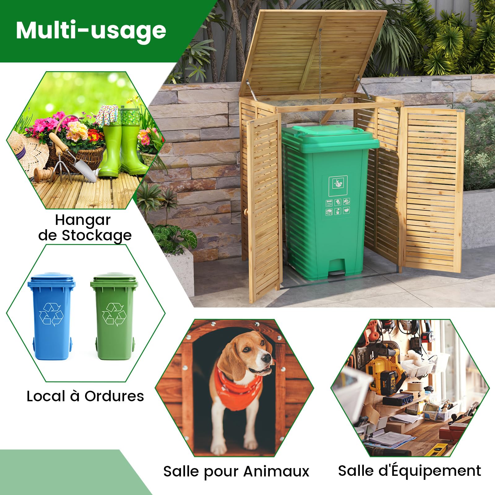 COSTWAY Cache Poubelle Exterieur 120 L, Abri Poubelle Exterieur Bois avec Couvercle Relevable, Doubles Portes, Loquet de Verrouillage, Cache Poubelle pour Jardin, Arrière-Cour, Terrasse, Naturel