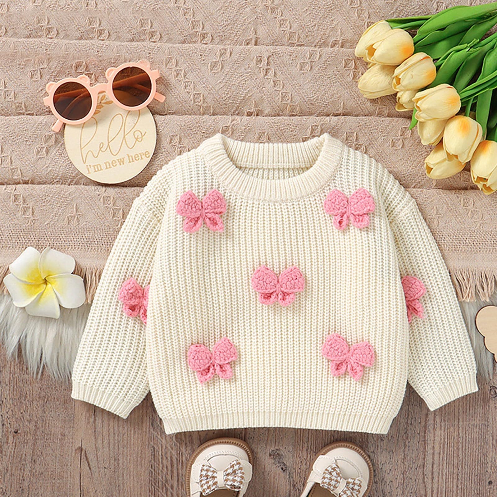 RNTOP Baby Girls Boys Knit Sweater Pullover Toddler Crewneck Long Sleeve Jumper Handmade Bow (White, 6-9 Months)