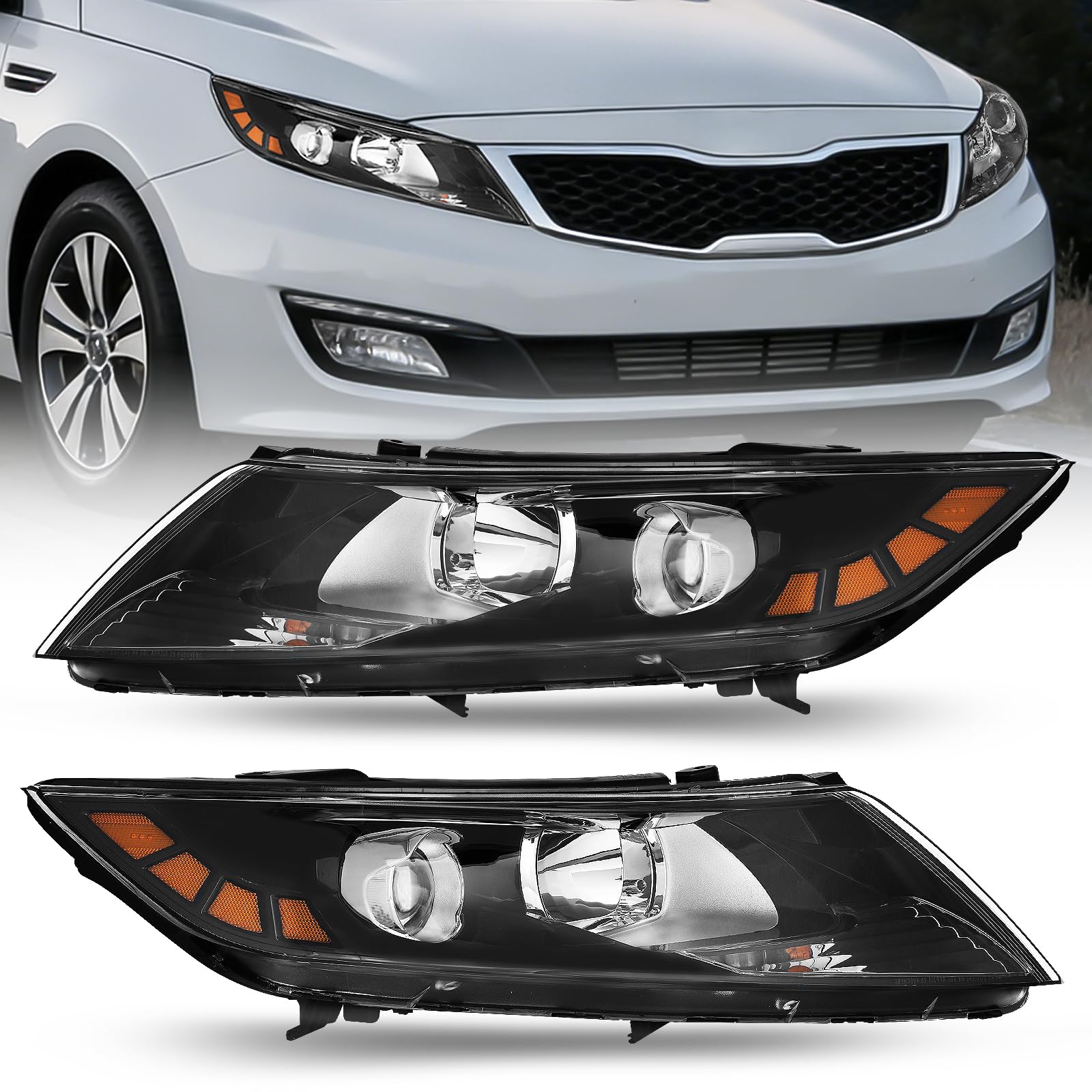 Headlights Assembly Compatible with 2011 2012 2013 Kia Optima Clear Lens Black Housing Amber Reflector, Driver and Passenger Side