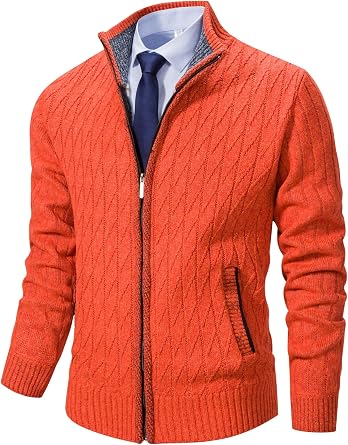 XinYangNi Mens Cardigan Sweaters Knit Zipper Casual Slim Fit Stand Collar with Full Zip and Pockets