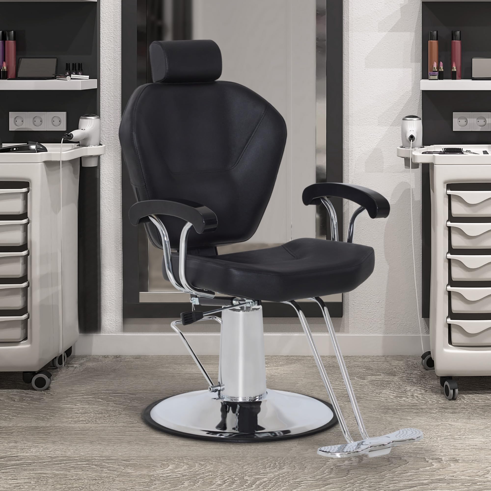 Barberpub Friseurstuhl mit Kopfstütze, Hydraulikpumpe 360° Drehbar, Höhenverstellbar, PVC Kunstleder, Schwarz