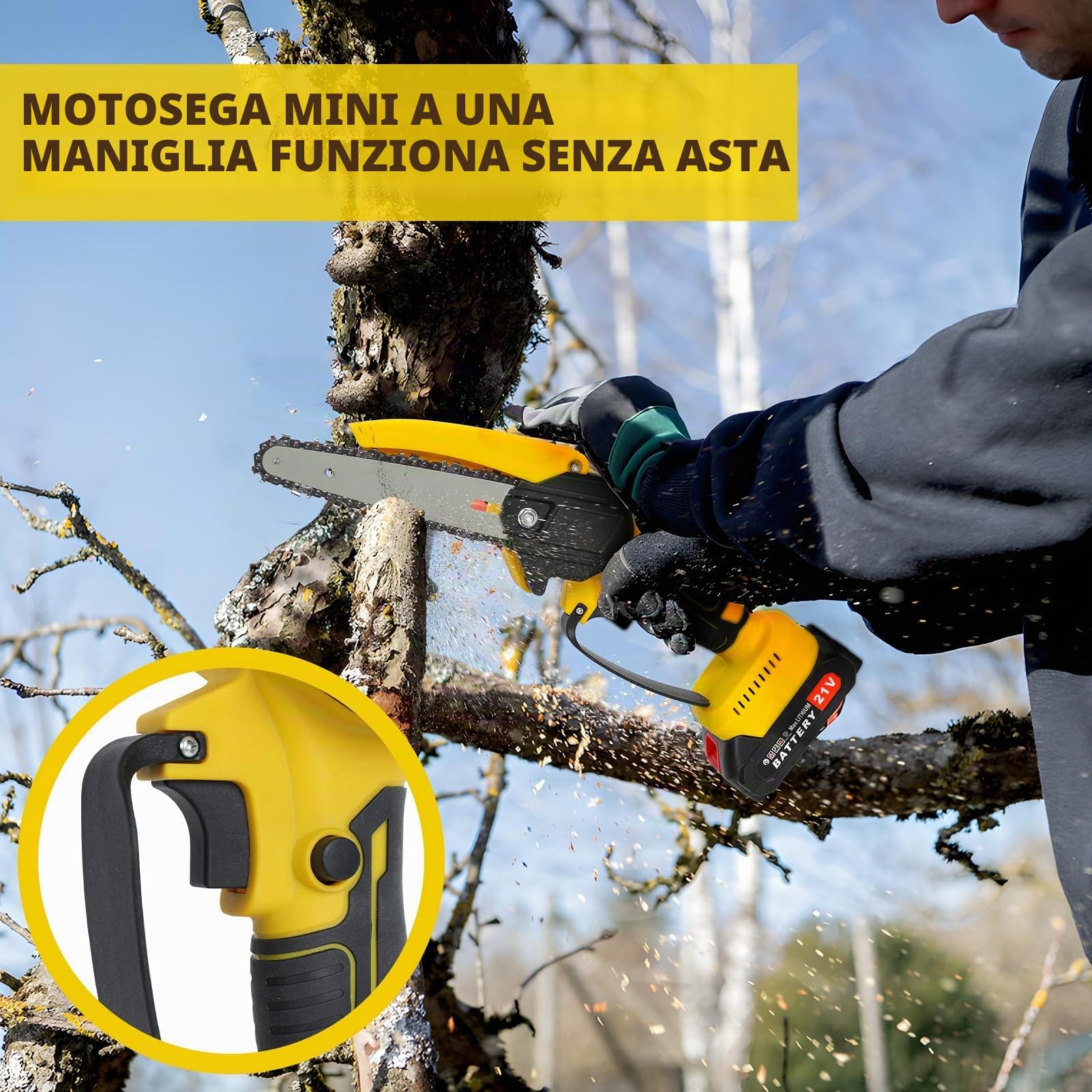 Sega a palo elettrico senza fili per potatura di alberi da giardino, motosega di estensione telescopica con batterie e motore spazzole 2x1500mAh, potenza 550 W, giallo