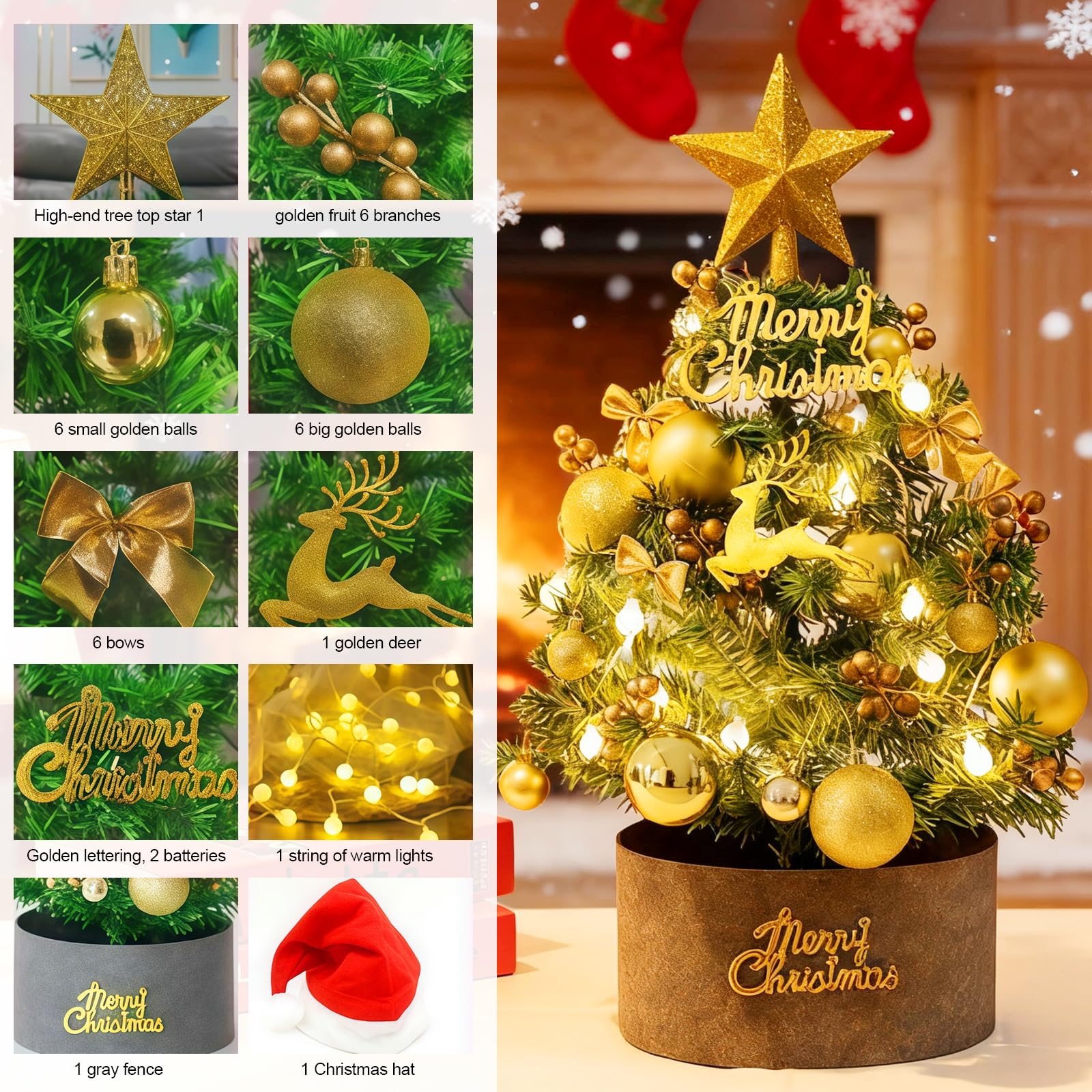 Mini Albero di Natale 60 cm Artificiale Pre-illuminato con Luci LED,Stelle, Palline e Decorazioni Natalizie,Albero da Tavolo Decorativo per Casa,Ufficio,Negozio e Vetrina Festiva