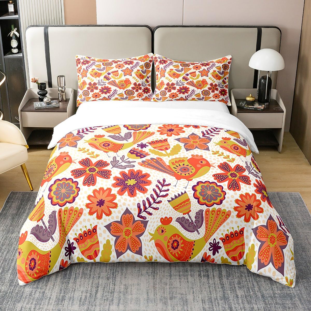 Retro Floral Cotton Duvet Cover Double,Bohemian Abstract Hippie Flowers Comforter Cover for Kids Teens Girls,Funky 70S Groovy Flower Bedding Set Kawaii Birds Bedspread Cover Aesthetic Room Decor