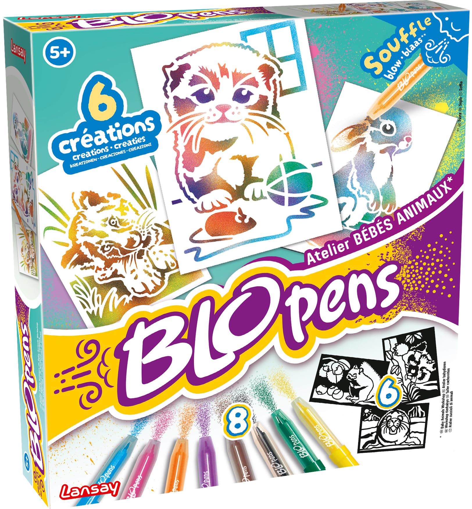 Lansay – BLOPENS Atelier Bébés Animaux – Kit Créatif pour Enfants dès 5 Ans - 8 Feutres à Souffler Effet Aérographe, Pochoirs Réutilisables– Coffret Dessin & Coloriage – Activité Loisir Créatif
