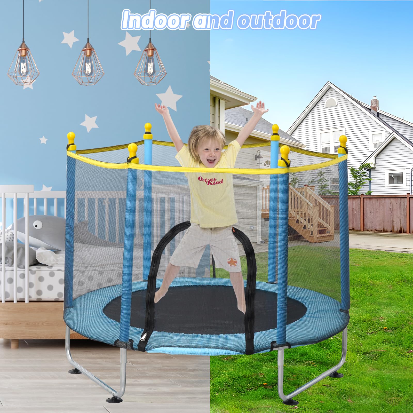 Kinder Trampolin 140 cm, Trampoline Outdoor mit Sicherheitsnetz, Indoor Kindertrampolin mit Basketballkorb, Kleines Trampolin Outdoor für Kinder ab 2 3 Jahre