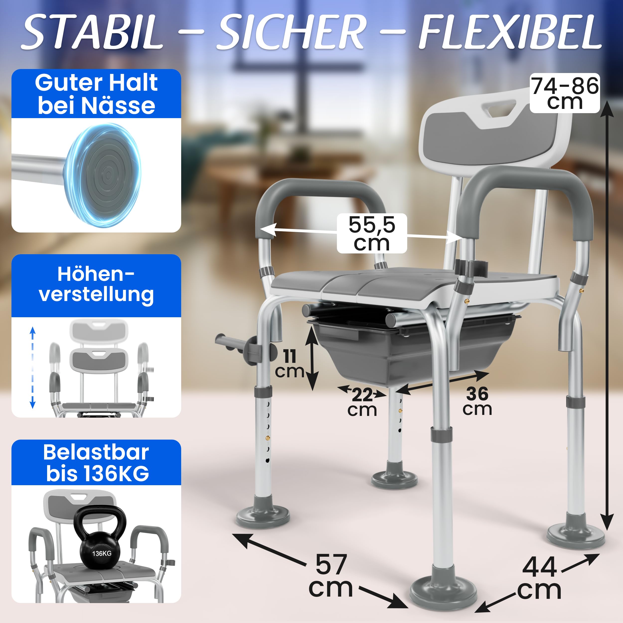 3-in-1 Toilettenstuhl, Toilettensitzerhöhung & Duschstuhl. Registriertes Medizinprodukt. Höhenverstellbar. Bis 136 kg. Rückenlehne & Armlehnen für Sicherheit. Aufstehhilfe. Entlastet Pflegende