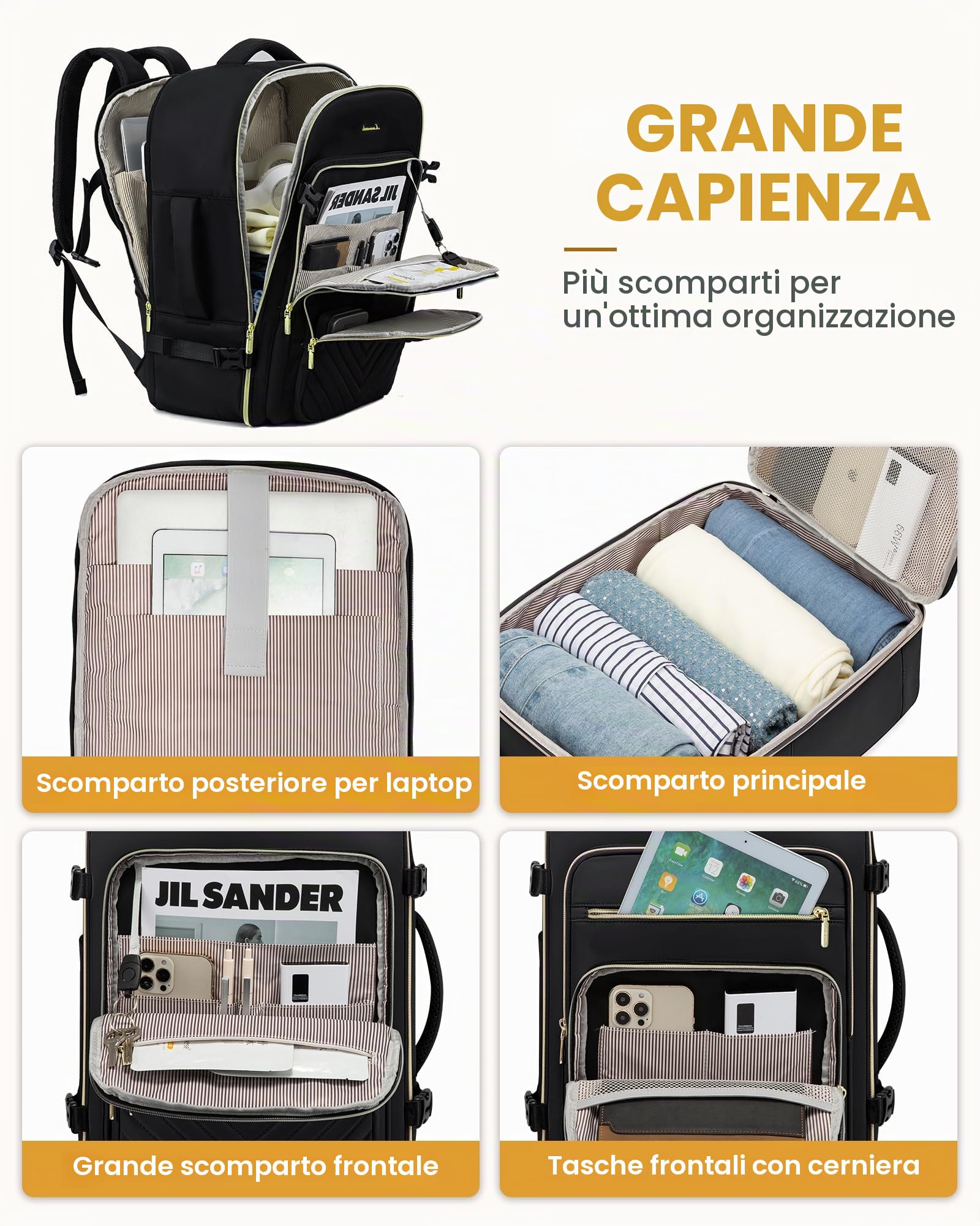 LOVEVOOK Zaino da Viaggio Aereo Bagaglio a Mano, Impermeabile Zaini Trolley Donna 50L Cabin Max per Ryanair Easyjet, Grande Zaino Porta PC 18 Pollici Valigia Borsa a Zainetto, Nero