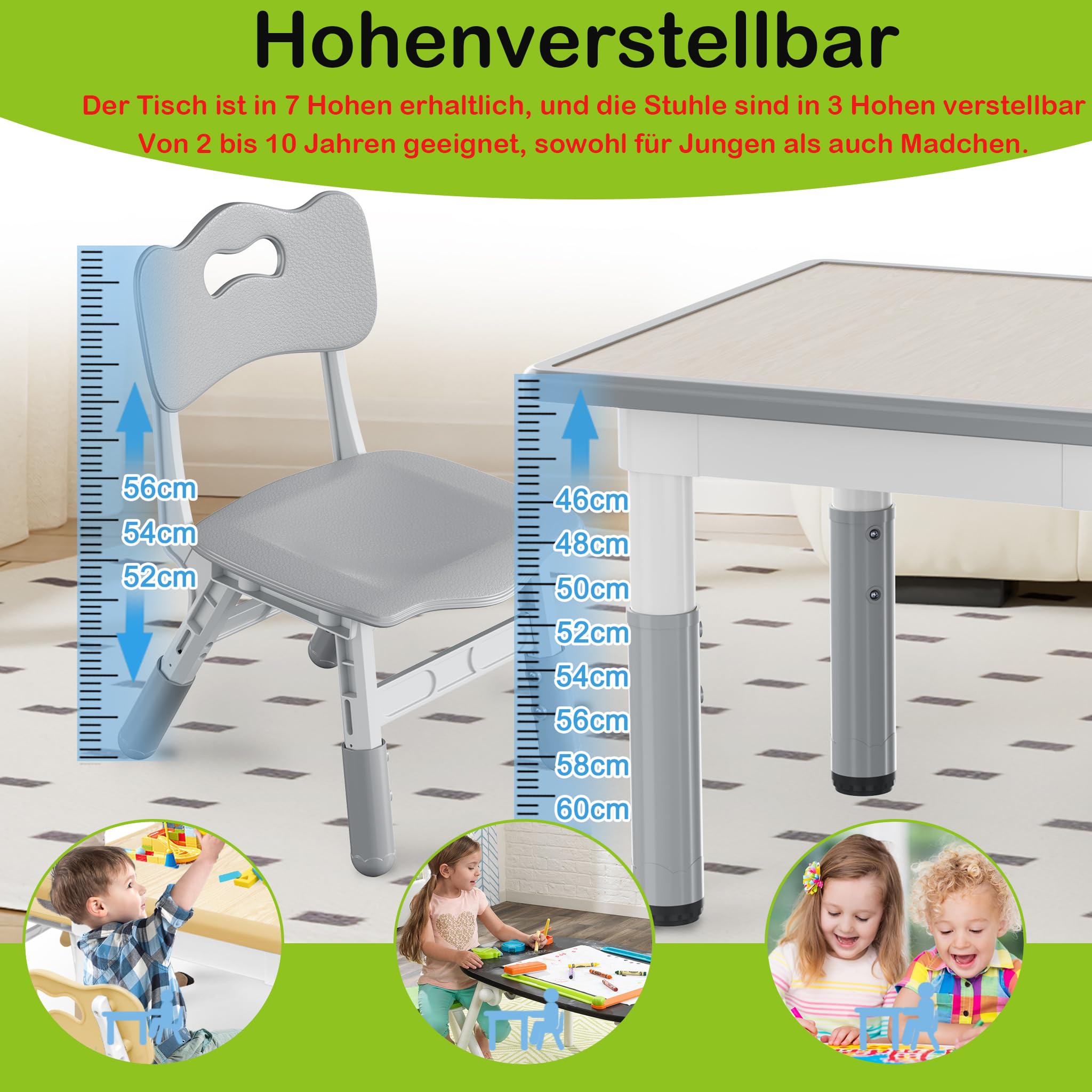 XMTECH Stół dziecięcy z 2 krzesłami, 80 x 60 cm, zestaw mebli dziecięcych z regulacją wysokości, zestaw krzeseł dla dzieci do klasy/przedszkola, meble dziecięce z HDPE i ABS, dla dzieci w wieku 2-10