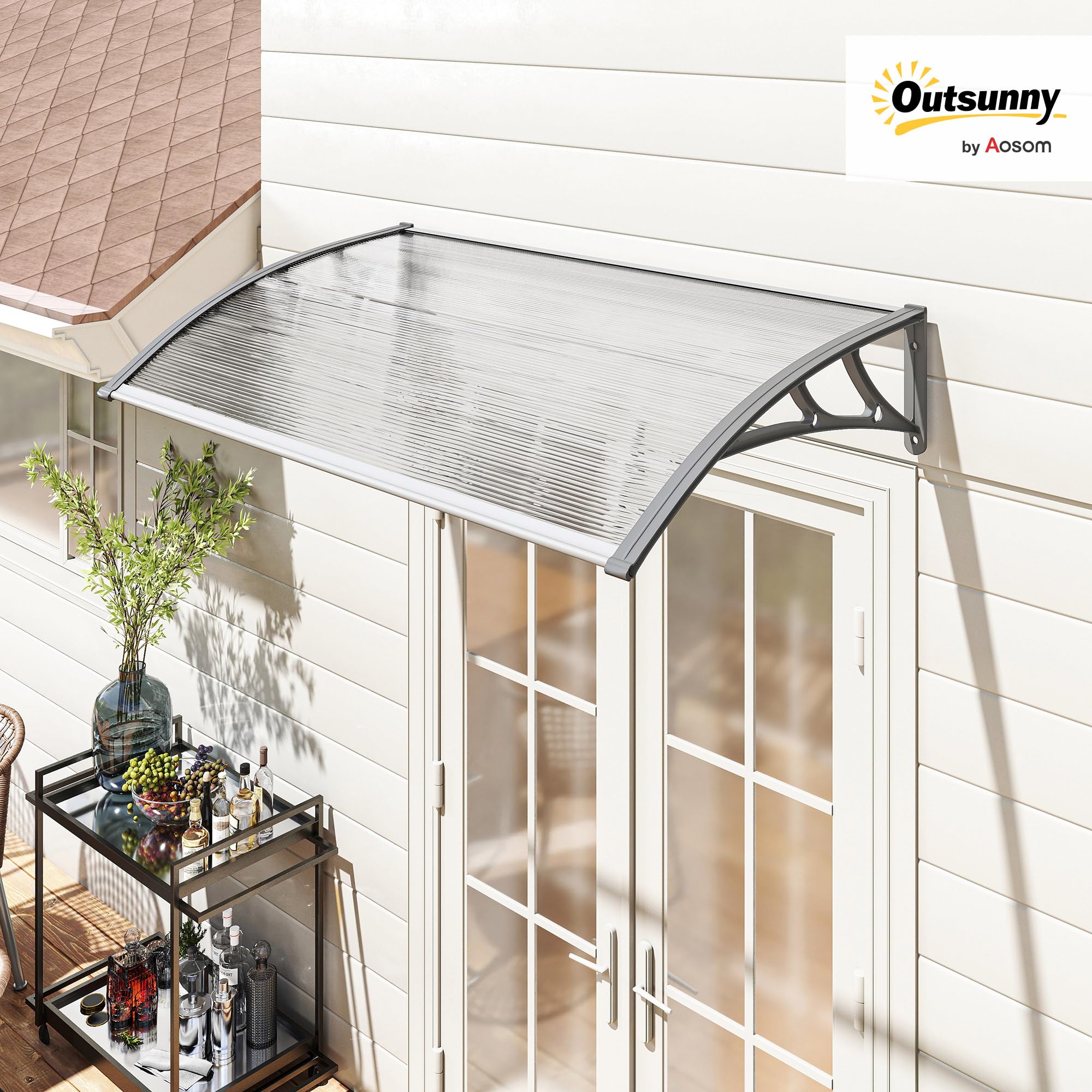 Outsunny Marquesinas Exterior para Puertas y Ventanas, 110x60 cm, Tejadillo de Protección contra Sol y Lluvia, con Cubierta de Policarbonato, Soportes de PP y Regleta de Aluminio, Gris y Transparente