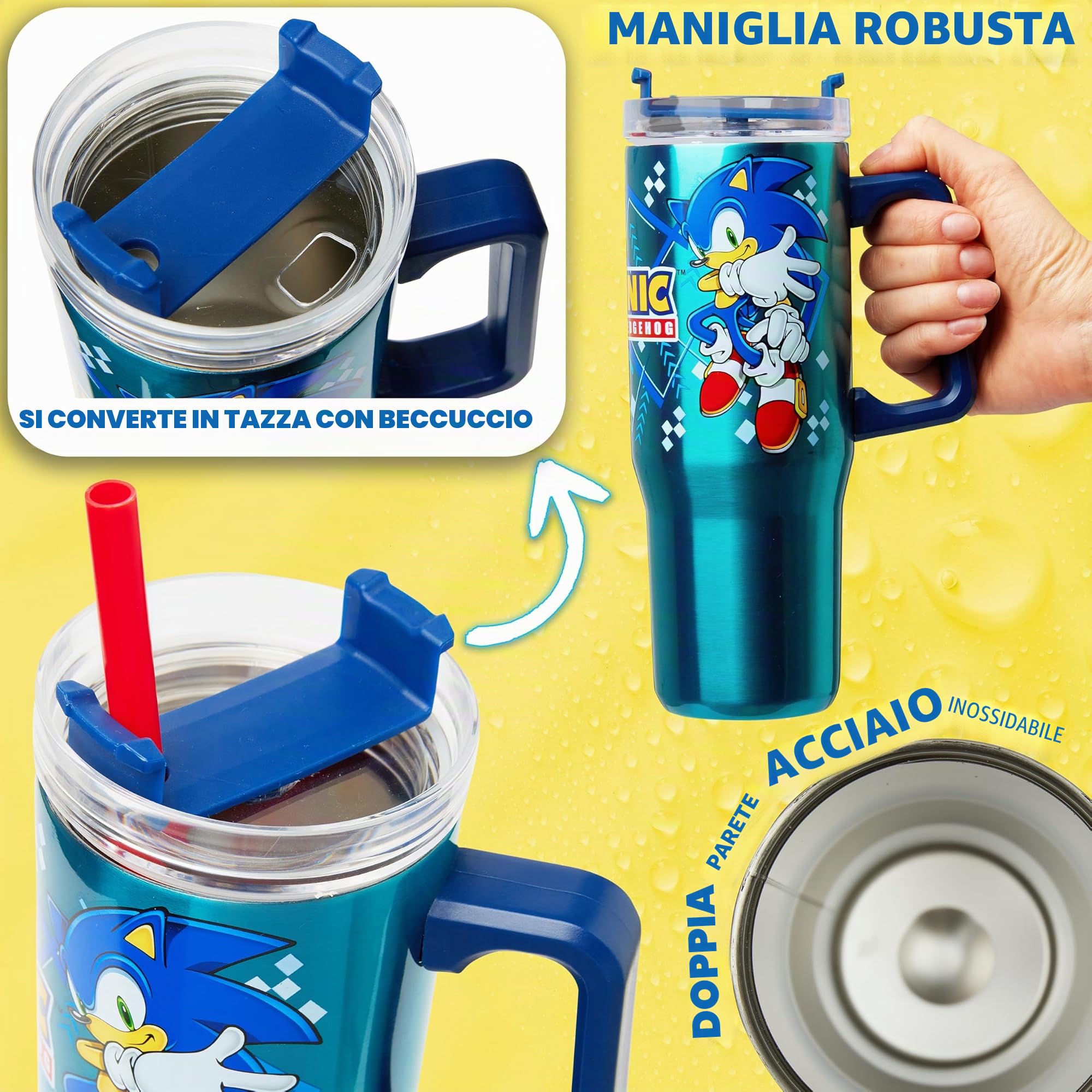 Get Trend SONIC THE HEDGEHOG Borraccia Termica con Cannuccia e Manico 940 ml, Tazza Termica in Acciaio Inox Isolata a Doppia Parete (Blu Sonic/Shadaw)