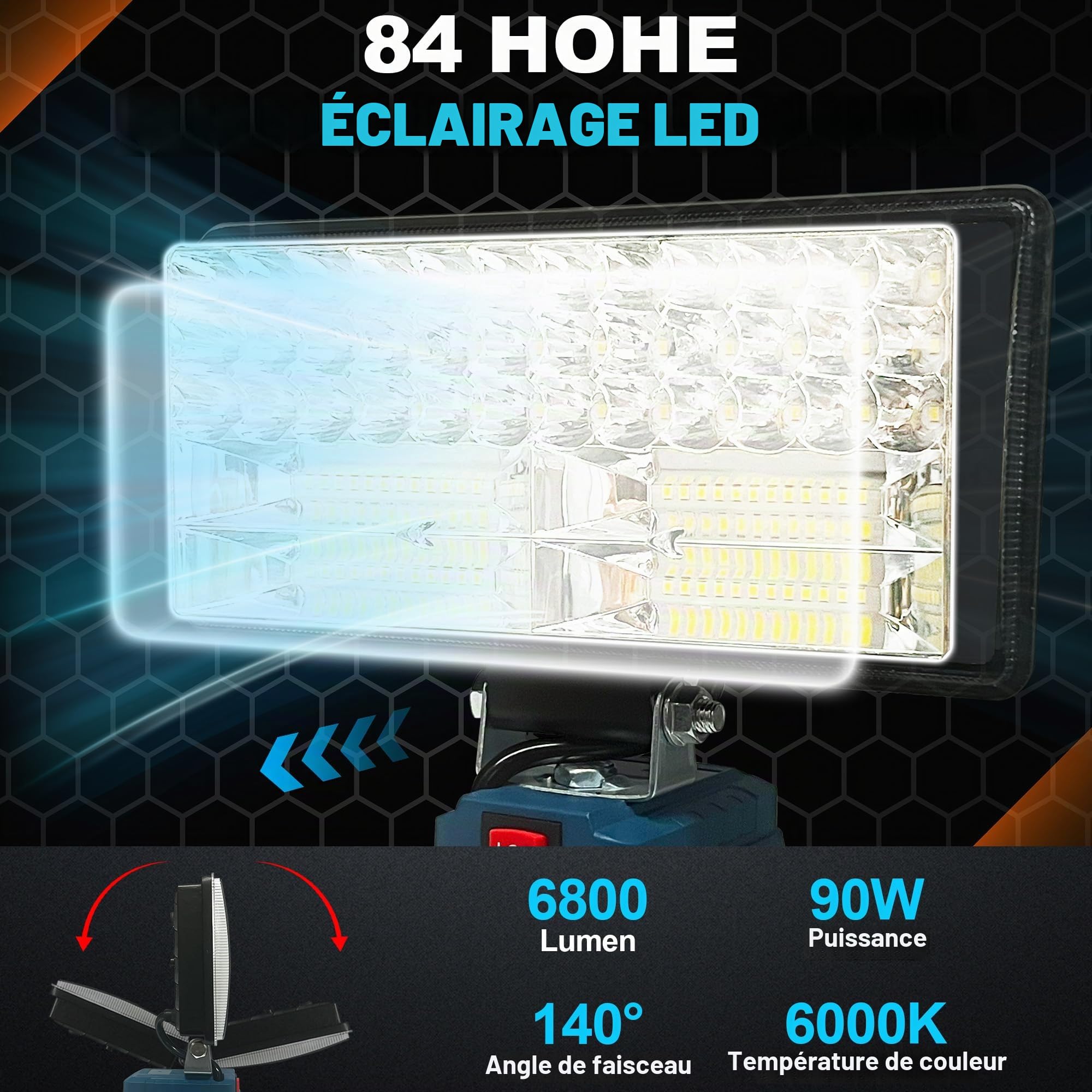Lampe LED sans fil pour batterie Bosch 18 V, 96 W 6800 lm, projecteur de chantier LED avec USB + type C (sans batterie)
