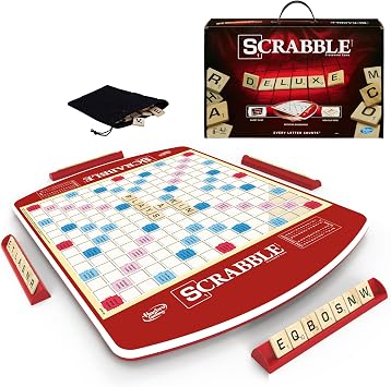 Hasbro Gaming Scrabble Deluxe Edition Letter Tiles Word Game | Rotating Board and Carrying Case | Ages 8+ | 2-4 Players | Classic Family Travel Games