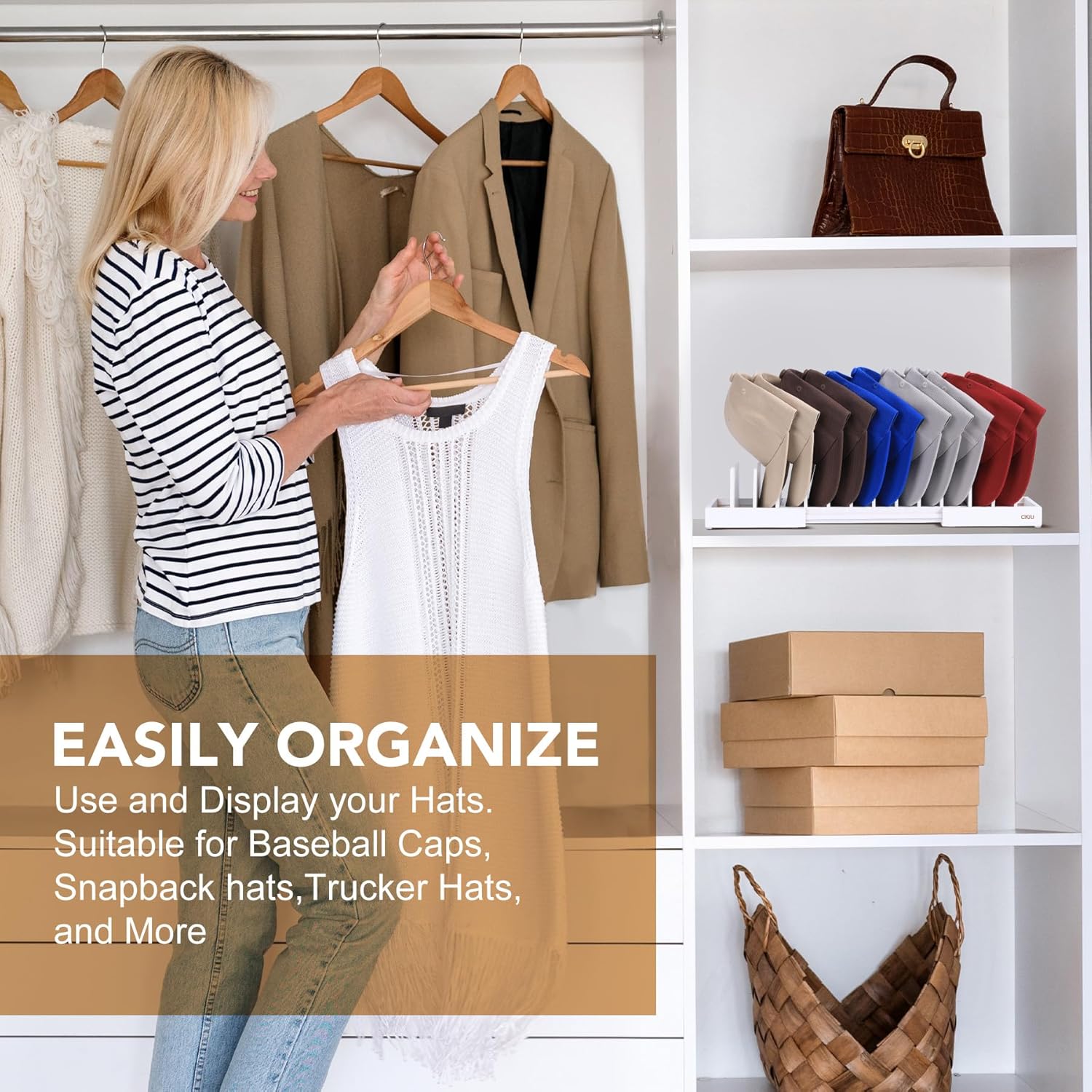 Expandable Hat Stand for Baseball Caps, Bamboo Hat Organizer for 7 to 13 Baseball Caps, Hat Holder for Closet, Bedroom, Dresser, and Shoe Cabinets (White)