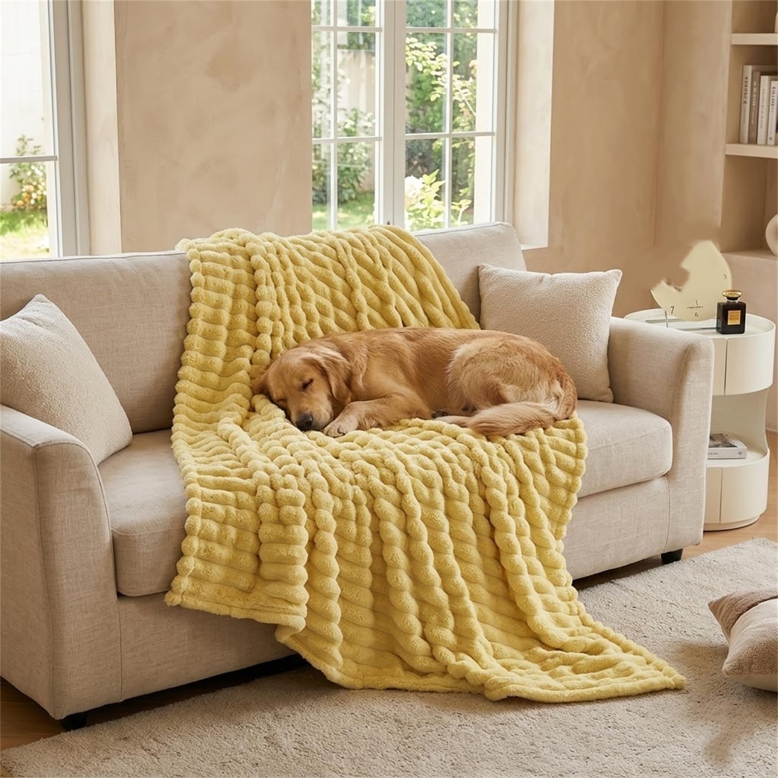 Manta calmante para perro, manta amarilla para perro, suave piel de conejo sintética diseñada para mascotas, suave y cómoda para sofá en interiores, perrera (amarillo, 120 x 200 cm)