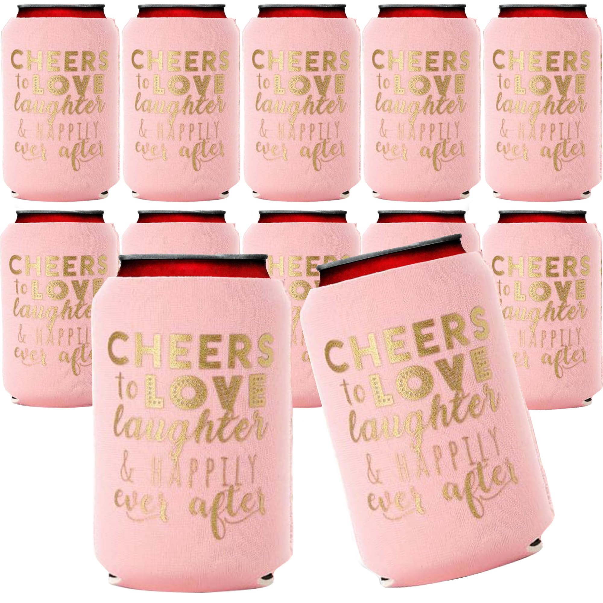 Wedding Can Cooler Decorations Set of 12 - Cheers to Love Laughter and Happily Ever After, Wedding Rehearsal Dinner Decorations - Bridal Showers,
