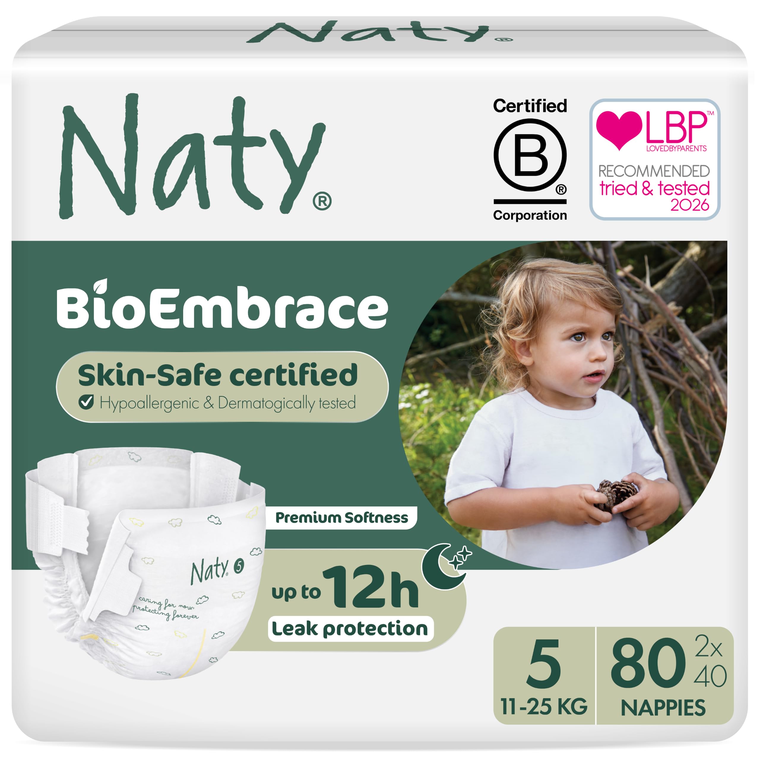 Naty BioEmbrace Baby Nappies, Sensitive Skin, Size 5 (11-25kg), 80 Count