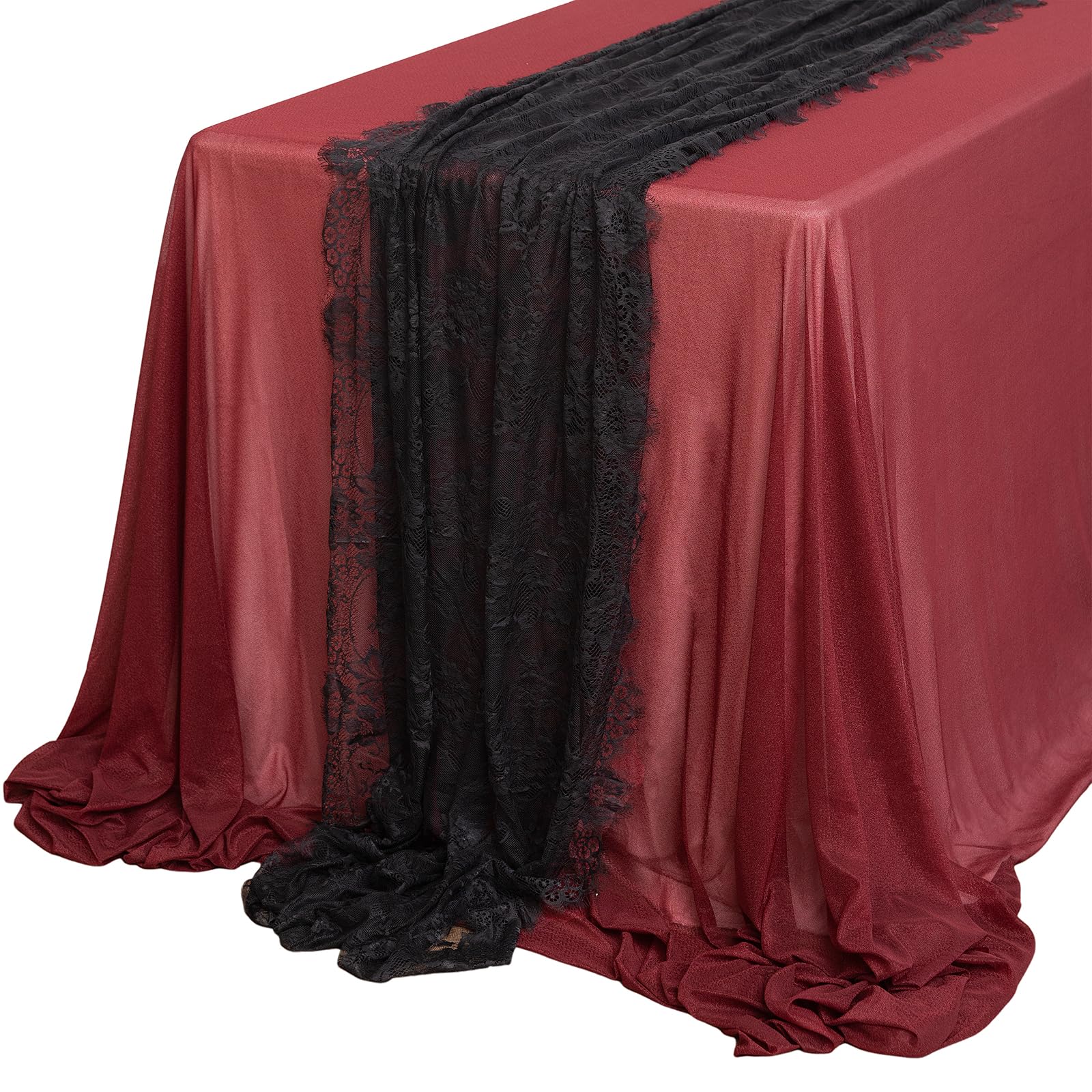 Ling's Moment Black & Burgundy Sheer ChiffonTablecloth & Runner Set for 4/6ft Long Table for Wedding Reception Head/Sweetheart Desk(9x11ft)