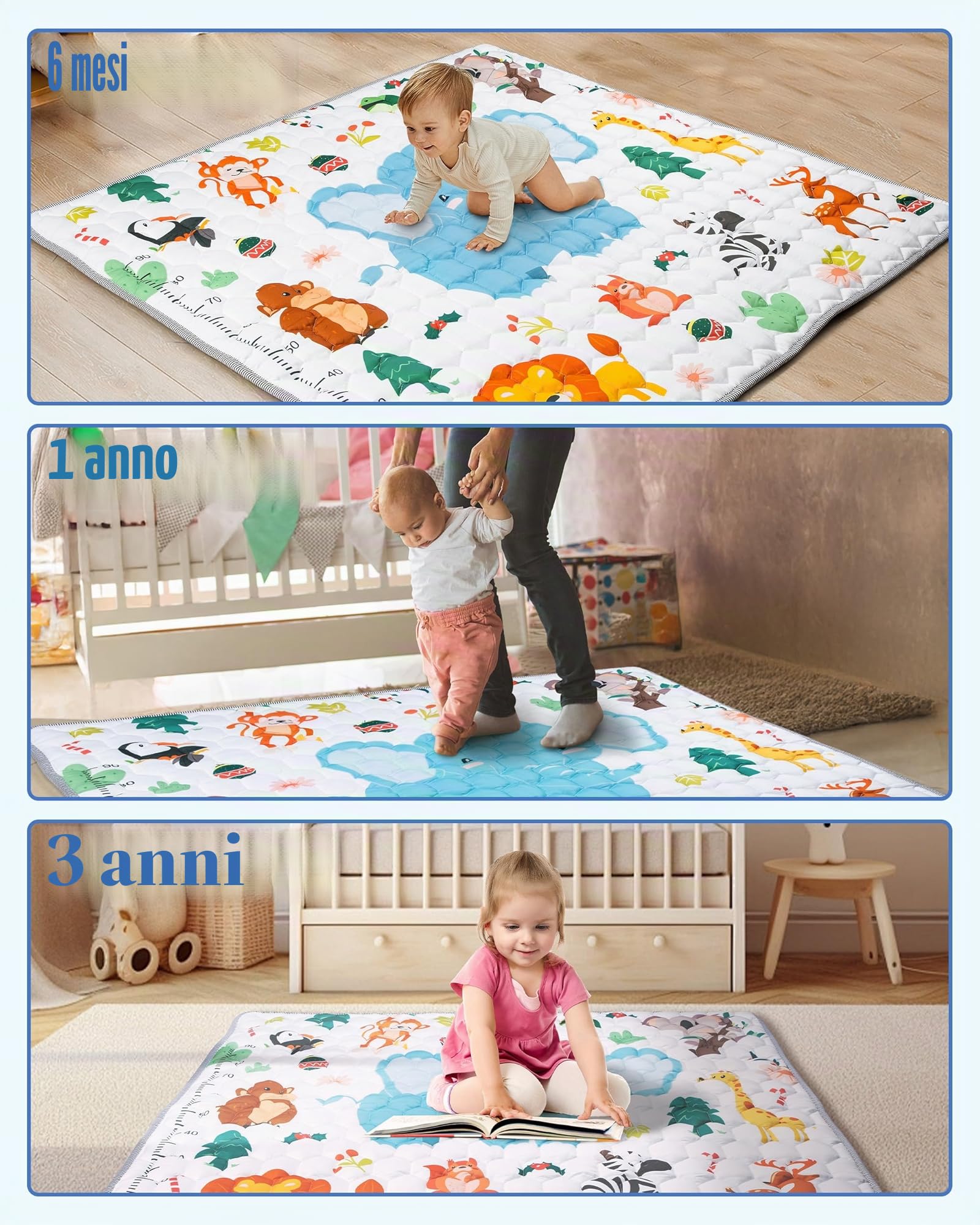 Tappeto Gioco Bambini, 127x127cm Tappeto Neonato Gattonamento, Pieghevole Morbido & Spessa Tappeto Tummy Time Neonati, Animale Tappeto Gioco Sensoriale Interattivo per Bambini 1 2 3 Anni
