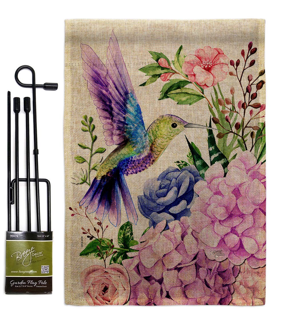 Breeze Decor Purple Hummingbird Burlap Garden Flag Set with Stand Friends Birds Flamingo Cardinal Peacock Springtime Natural Wildlife House Banner Small Yard Gift Double-Sided, Made in USA