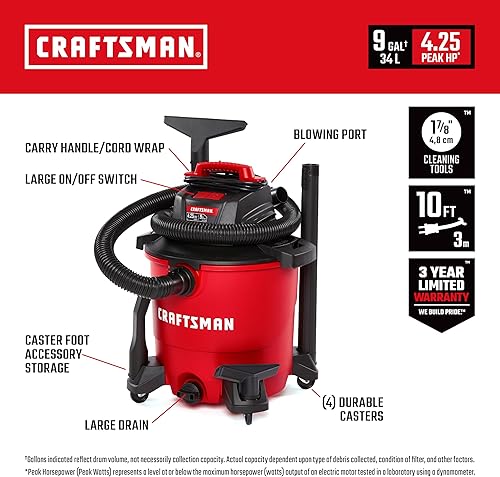 Miniatura 2 de CRAFTSMAN CMXEVBE17590 Aspiradora húmeda y seca con filtro, bolsa de polvo, manguera, accesorios CMXEVBE17250 2.5 Gal. 2.5 Gal. Aspiradora portátil