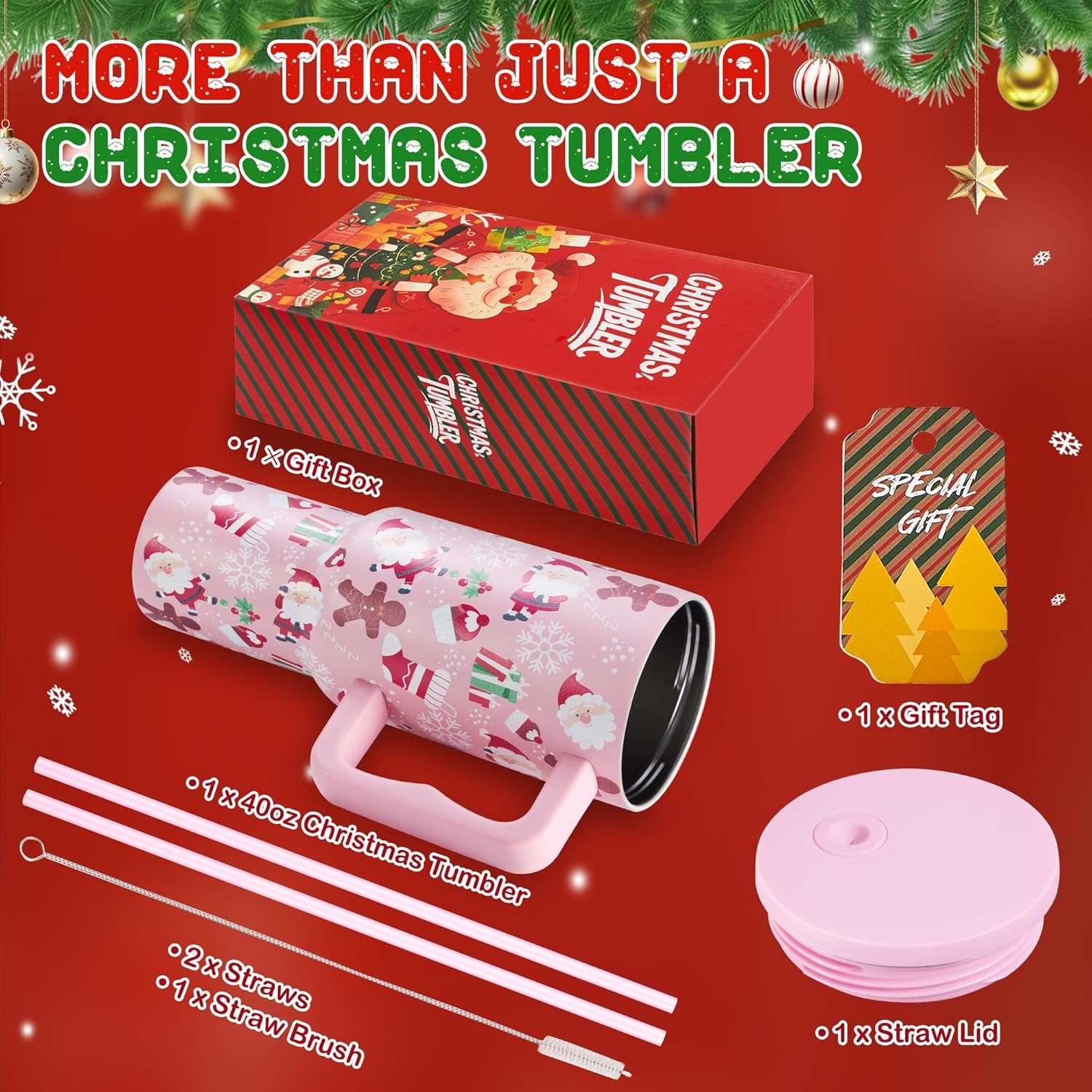 TaroKitc 40 oz Christmas Tumbler with Handle and Straw, Xmas Stainless Steel Insulated Travel Mug, Cup Holder Friendly, Christmas Holiday Gifts for Women Men Her Him, Pink Cute Sleepy Santa - Image 5