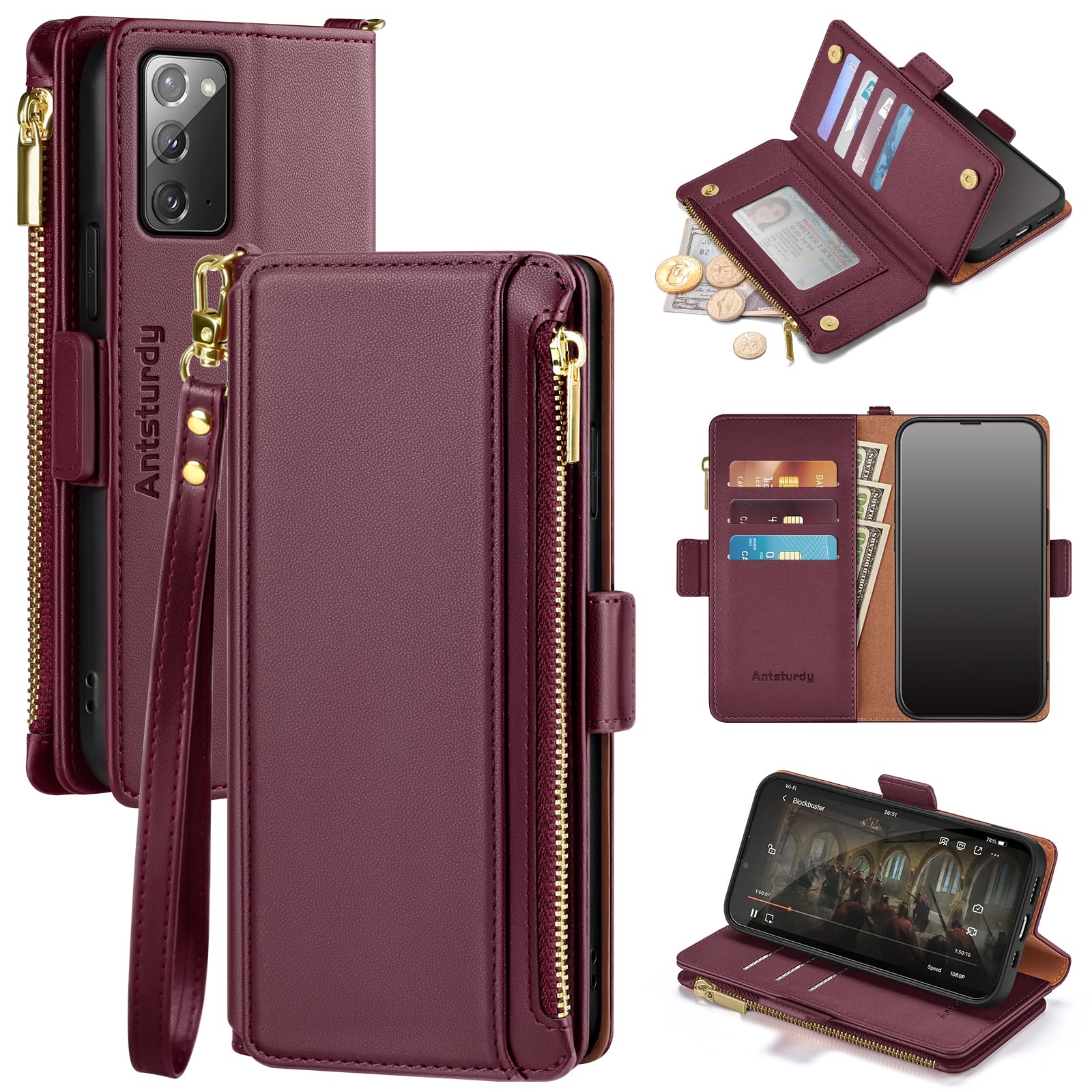 Antsturdy Compatible with Samsung Galaxy Note 20 5G Wallet case with Card Holder for Women Men Phone case RFID Blocking PU Leather Flip Shockproof Cover with Strap Zipper Credit Card Slots,Wine Red