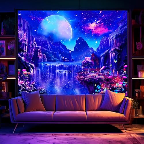 Miniatura 2 de Avinyl Tapiz de luz negra espacial para dormitorio, tapices grandes de luna negra y hongos, 60 x 79 pulgadas, que brilla en la oscuridad, paisaje de