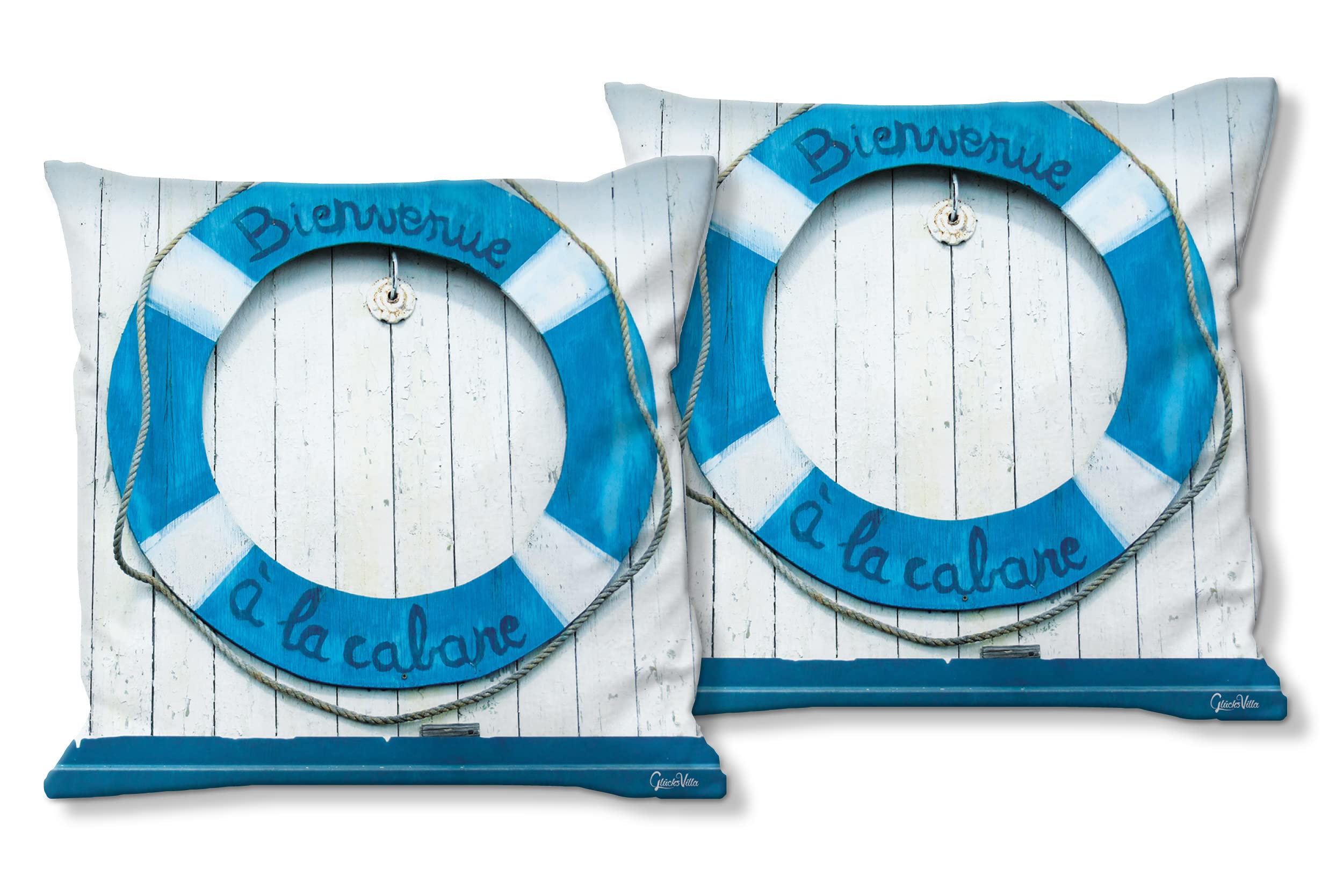 Bienvenue - Foto-Kissen-Hülle Set (2 STK.) 40 x 40 cm | Kissen-Bezüge - passend zu Wandbild - Deko-Kissen - Rettungsring willkommen maritim