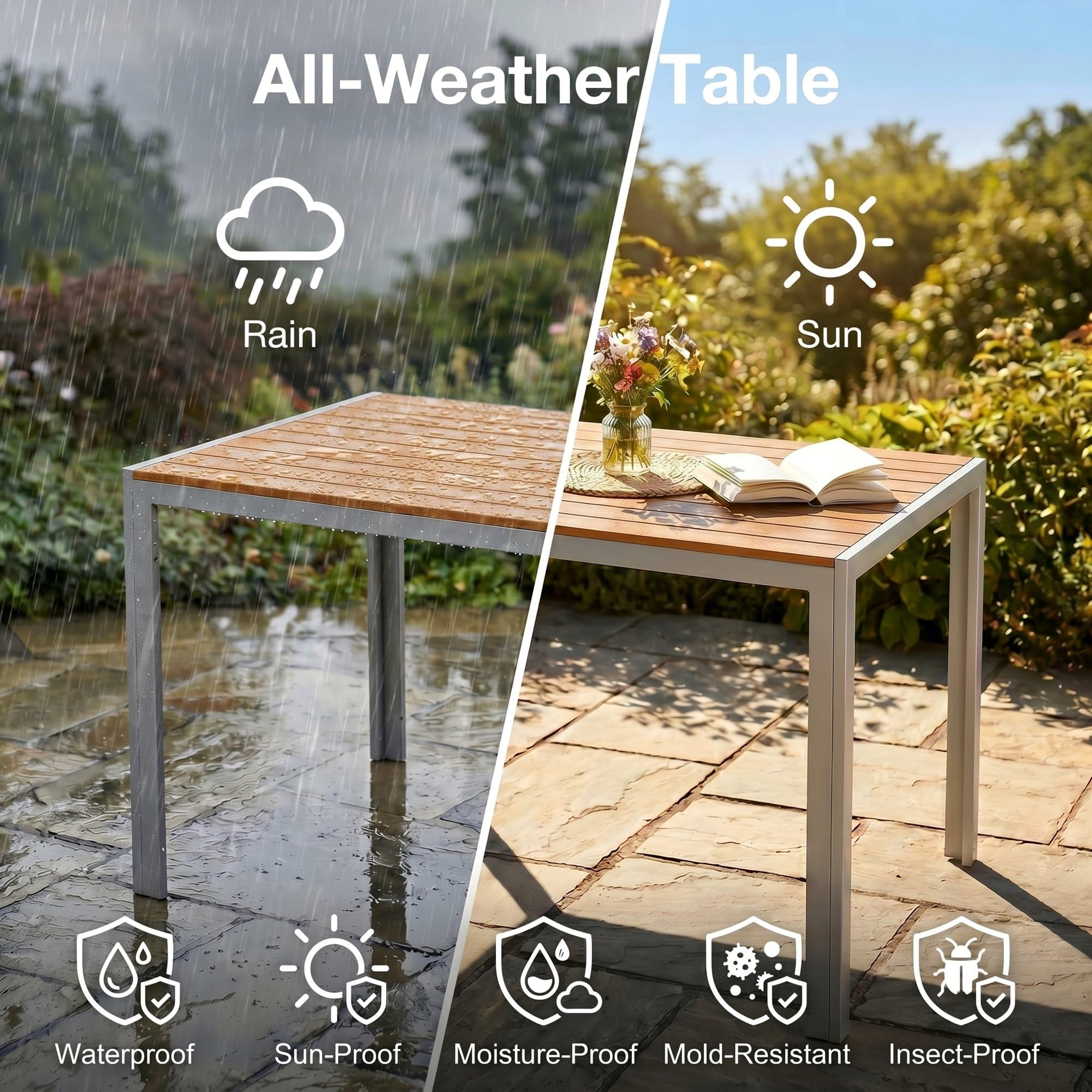 LIFERUN Gartentisch 110x70 cm mit Aluminiumrahmen, Rechteckiger WPC Balkontisch für 4-6 Personen, wetterfester und UV-beständiger Terrassentisch, moderner Outdoor Esstisch in Holzoptik, Teakbraun+grau