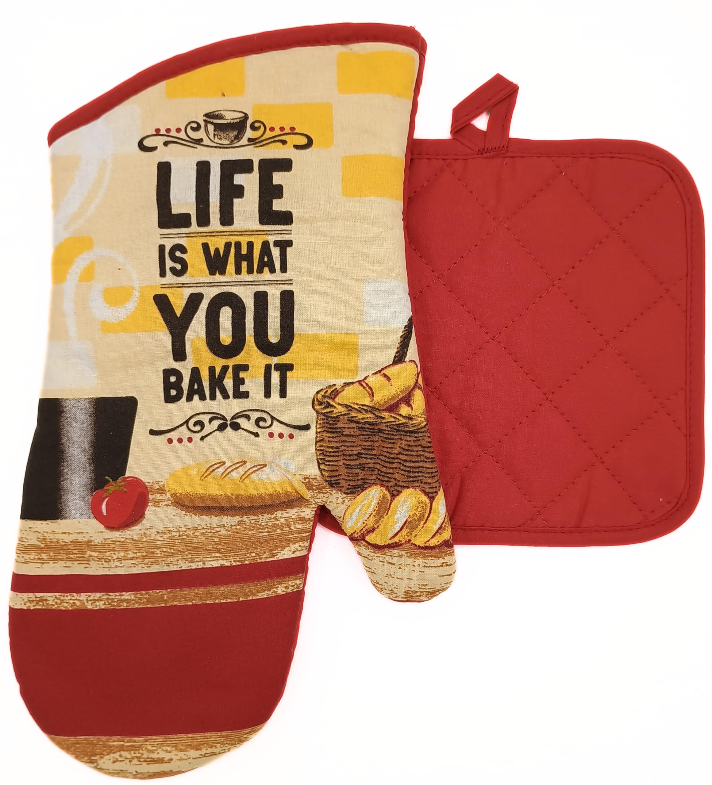 Sg6 Kitchen Linen Set, 5 Piece, Life is What You Bake It Design, 2 Dish Towels 15x25, 2 Pot Holders 7x7, Oven Mitt 7x13,