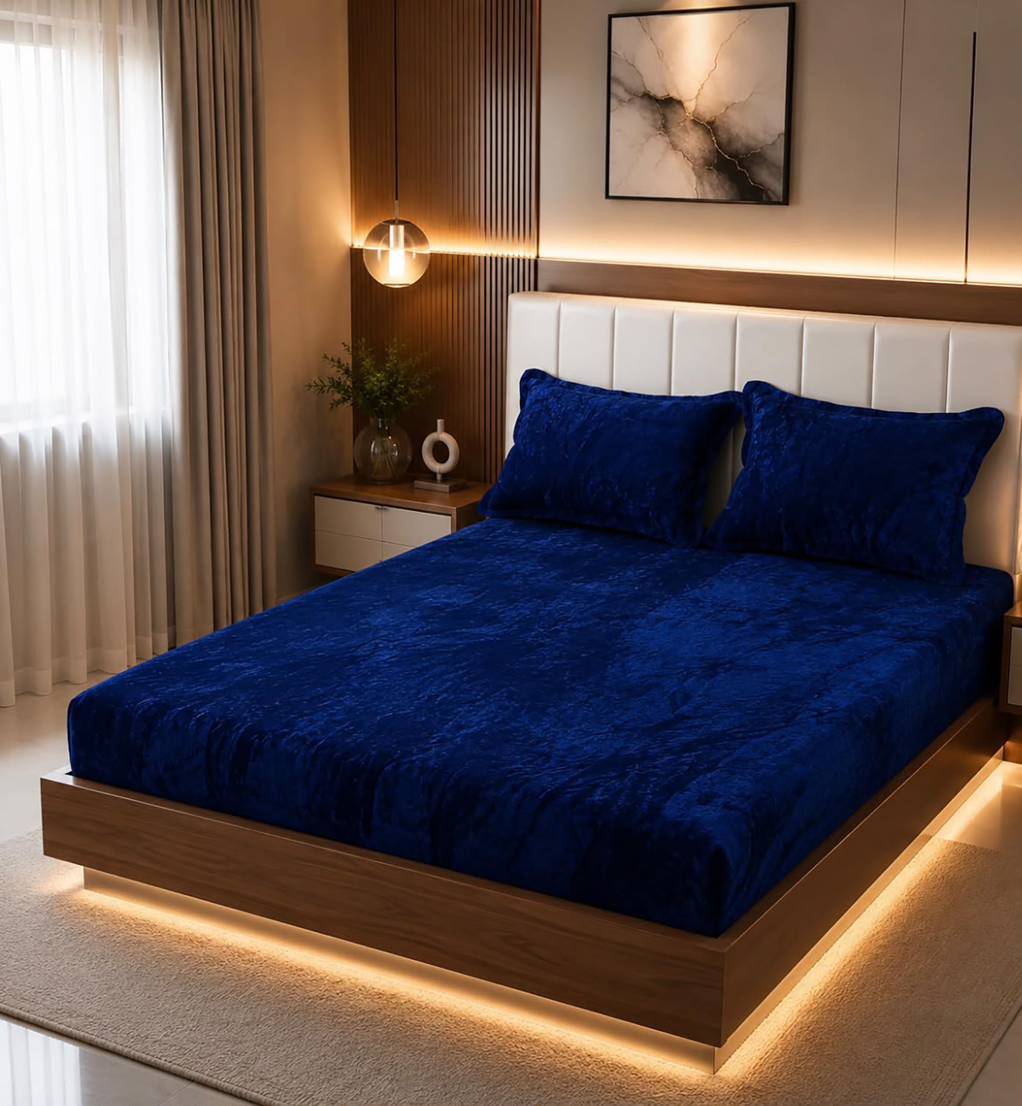 Velvet Super King Size Flano Fitted Bedsheet | Elastic Solid Bedsheet for King Size Bed | 72x78 Inches | Soft Plush Flannel Bed Cover with 2 Pillow Covers|Blue-image-42