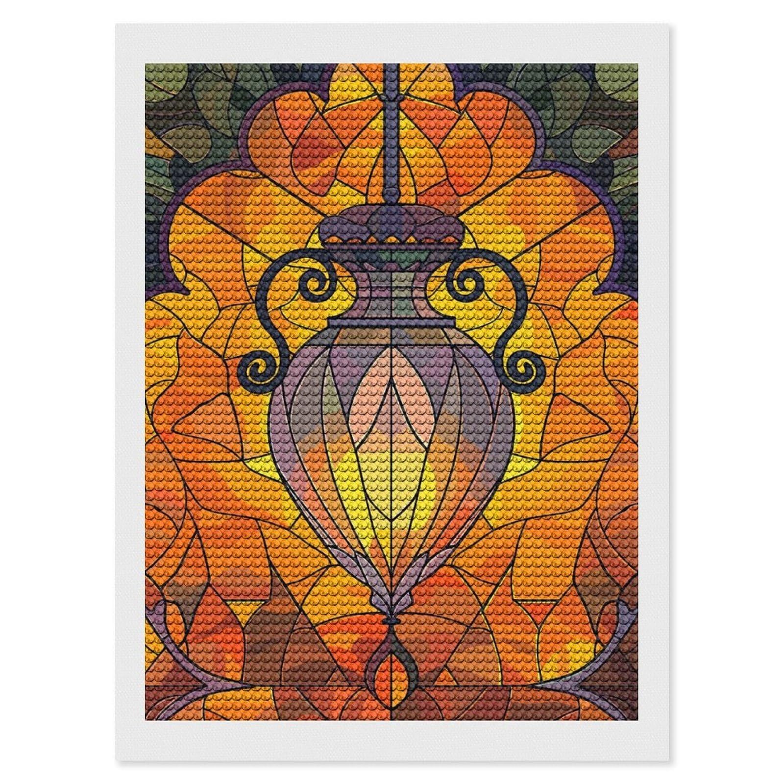 Junmoney Stained Glass Lantern with Floral Accents DIY Diamond Art Canvas Kit 12"x16", for Teens, Finish and Display, Holiday Gift Idea, Vintage Style Decor