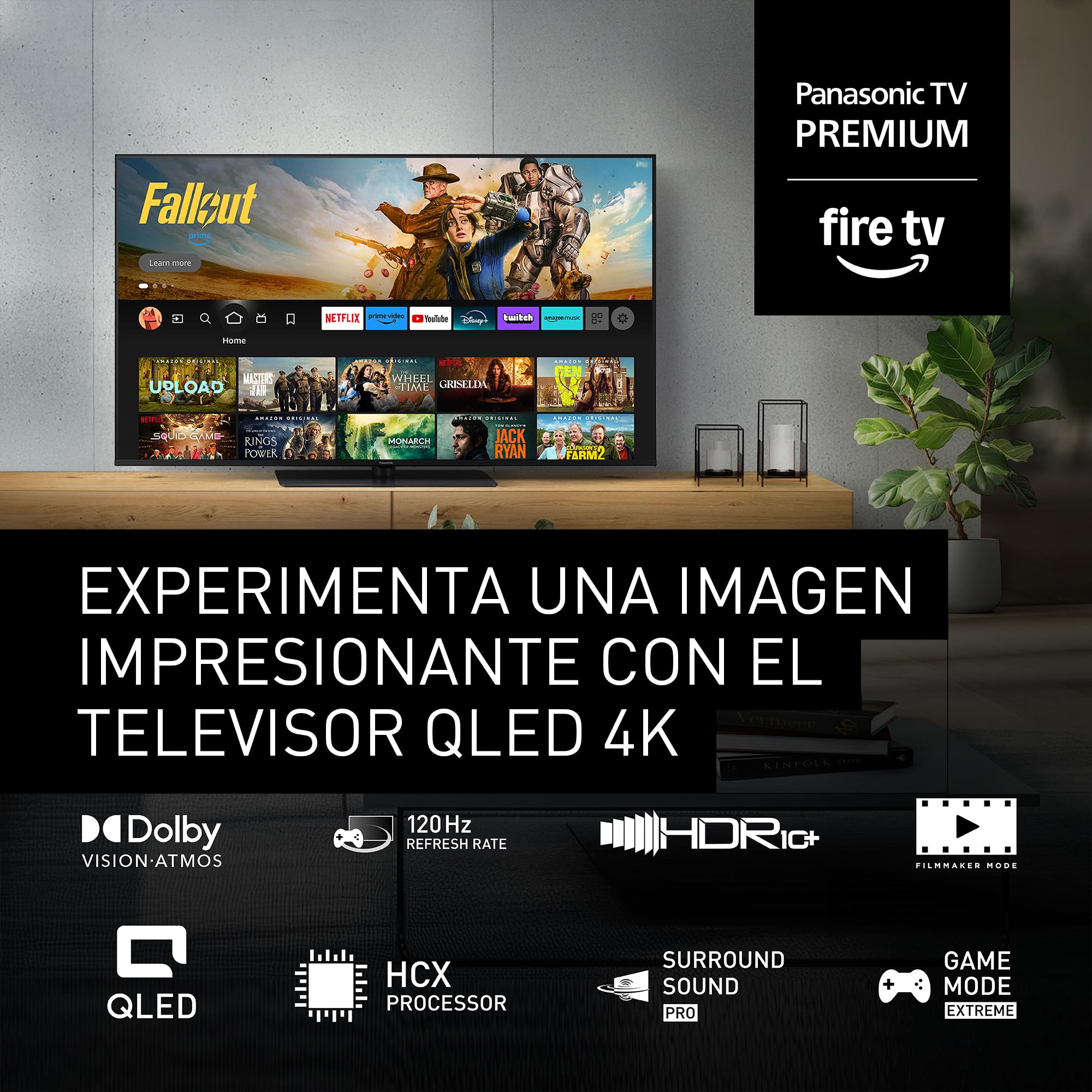 Panasonic Premium TV-43W85BEZC, Serie W85B, 43 Pulgadas, Smart TV 4K Ultra HD QLED, 120 Hz, Fire TV, Dolby Vision y Atmos, Modo Juego Extremo, Compatible con Alexa, Apple, Bluetooth, Negro