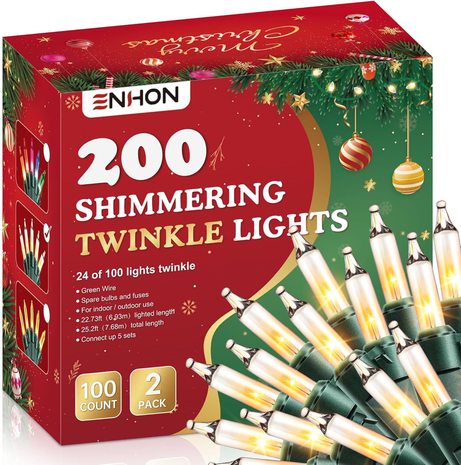 Enhon 2 Pack Twinkling Christmas Lights, 50.8 FT 48 of 200 Random Twinkle Bulbs, Christmas String Lights Connect up to 5 Set, Waterproof Outdoor Indoor Decorations (White) White 2