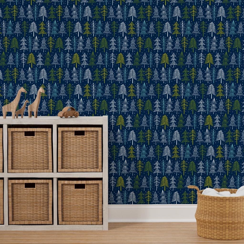 Spoonflower Removable Wallpaper 3ft x 2ft - Christmas Tree Navy Blue Regular Scale Holiday Winter Forest Snow Festive Trees Seasonal Nature Custom Pre-Pasted Wallpaper