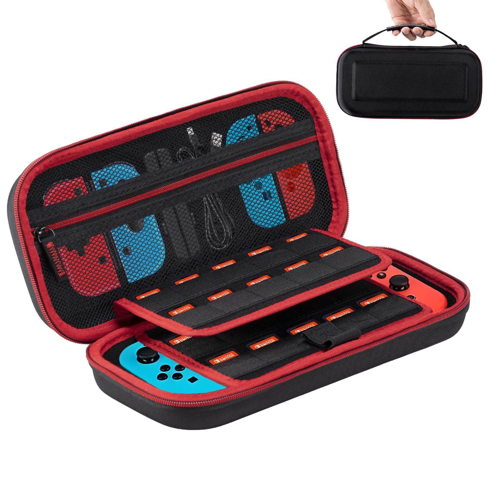 Carehabi Etui kompatybilne z Nintendo Switch i New Switch OLED, twarde etui OLED, z miejscem do przechowywania kaset z 19 przełącznikami, czarne, czarny, organizer kieszonkowy