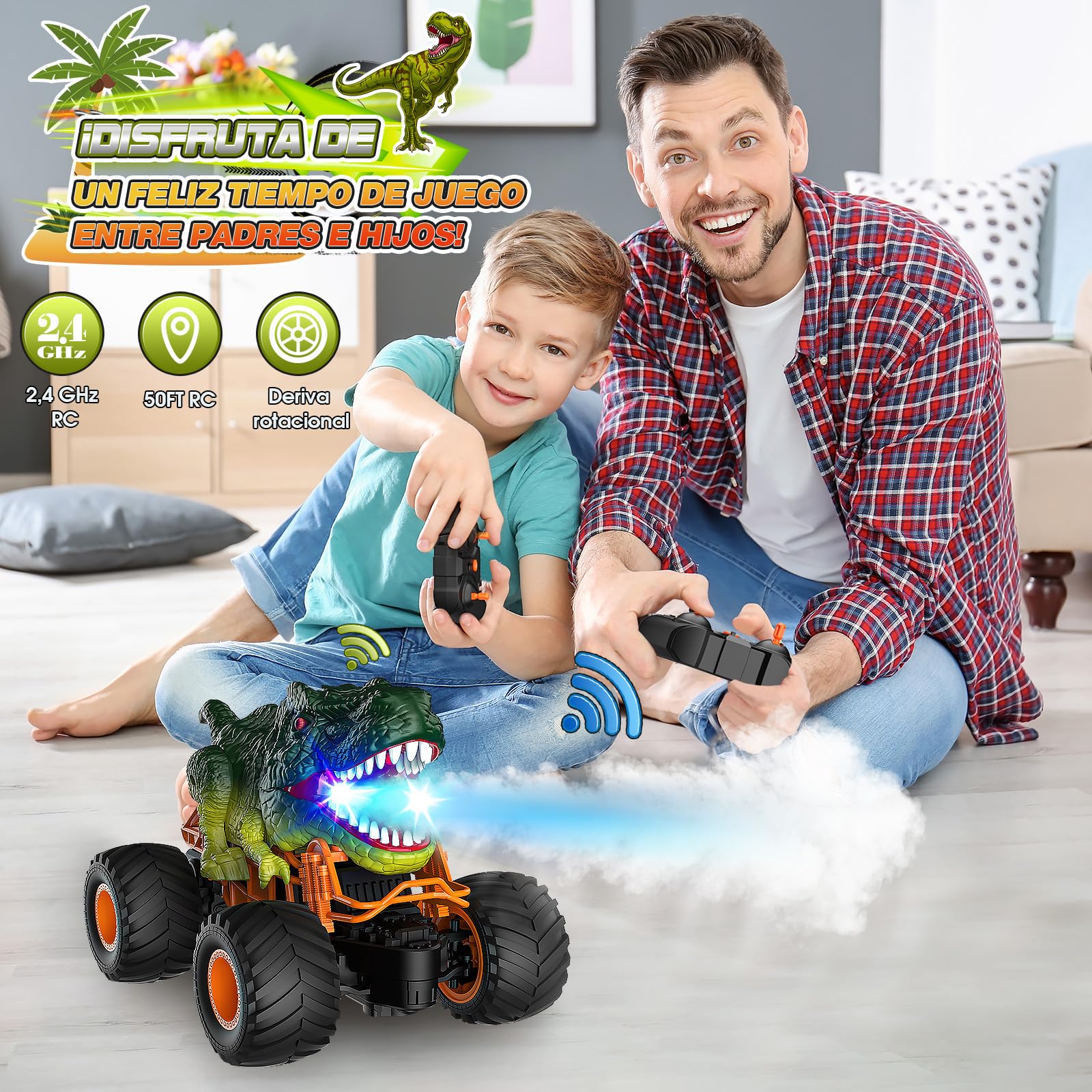 HappyGoLucky Coche Teledirigido, Monster Truck Juguetes Niños 3-10 Años Coches para Niños Juegos Regalo Niño 4-12 Años Dinosaurios Juguetes Regalo Cumpleaños Niños, Regalo Navidad Niño