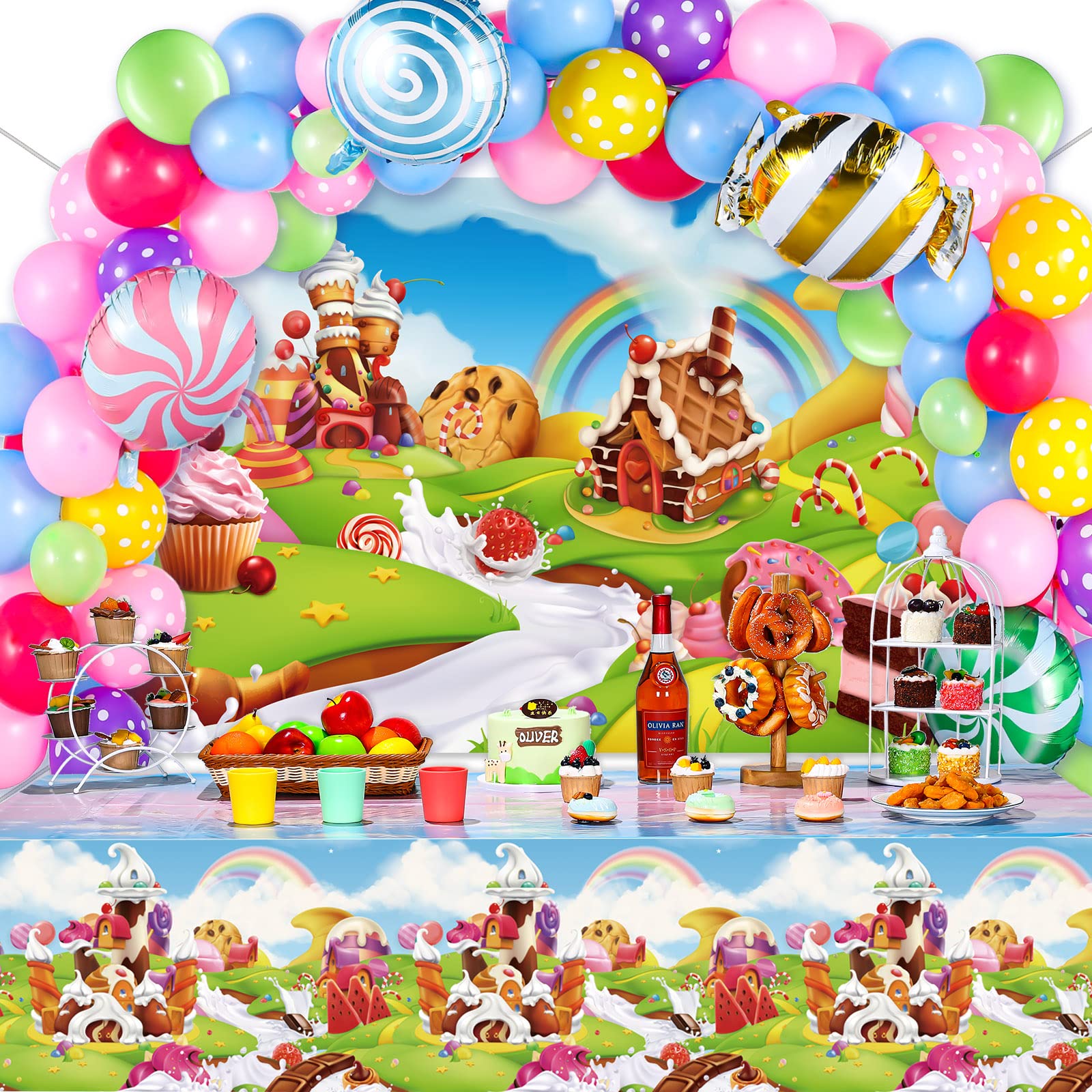 87 Pcs Candyland Themed Party Decorations, Candyland Lollipop Tablecloth and Lollipop Themed Backdrop with Balloon Garland Kit Christmas Candy Party Supplies for Christmas Halloween Party Supplies