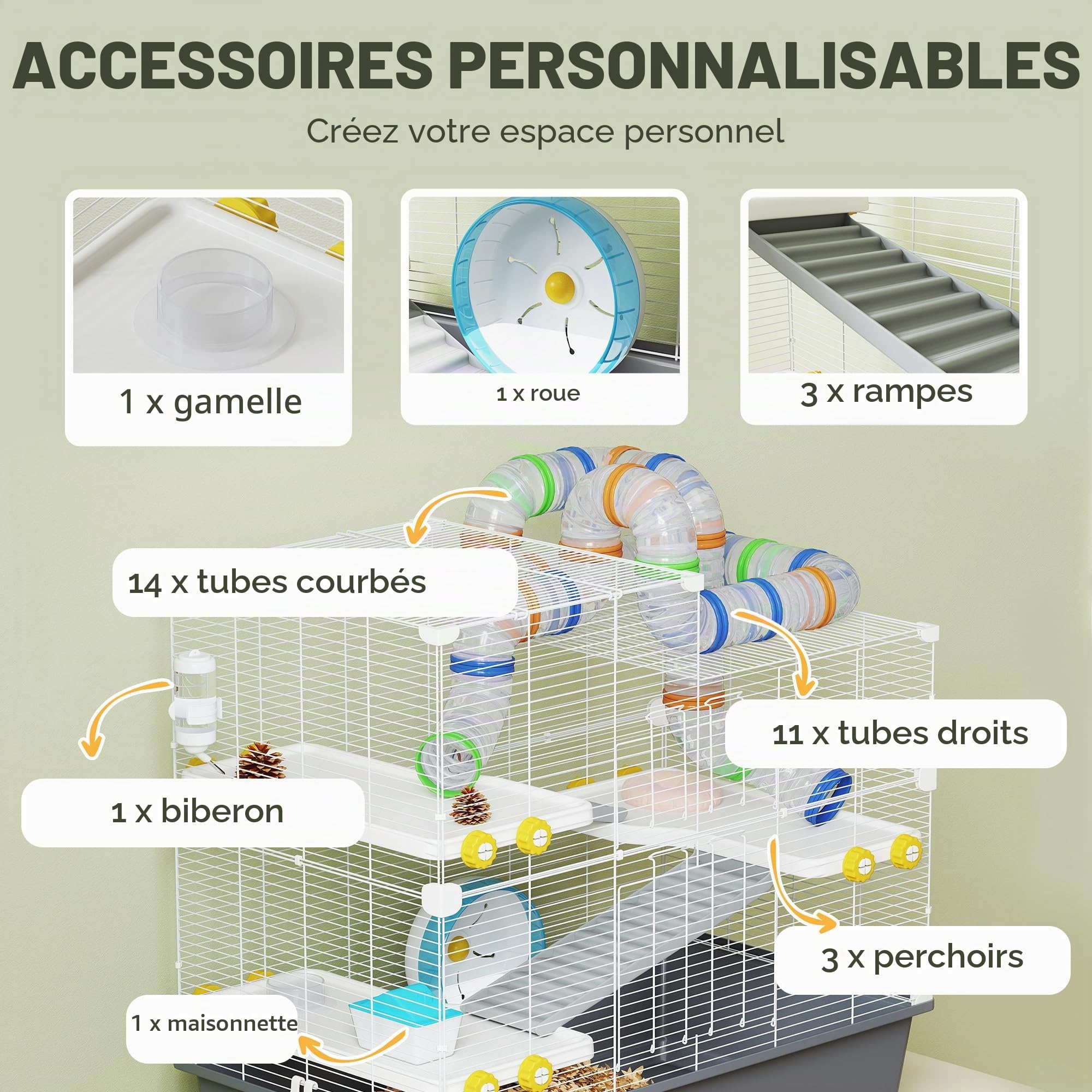 PawHut Cage Hamster 4 Niveaux avec Roue 78x45x73 cm Gris | Cage rongeur, bol nourriture, tunnel, cabane, porte supérieure, pour hamster syrien