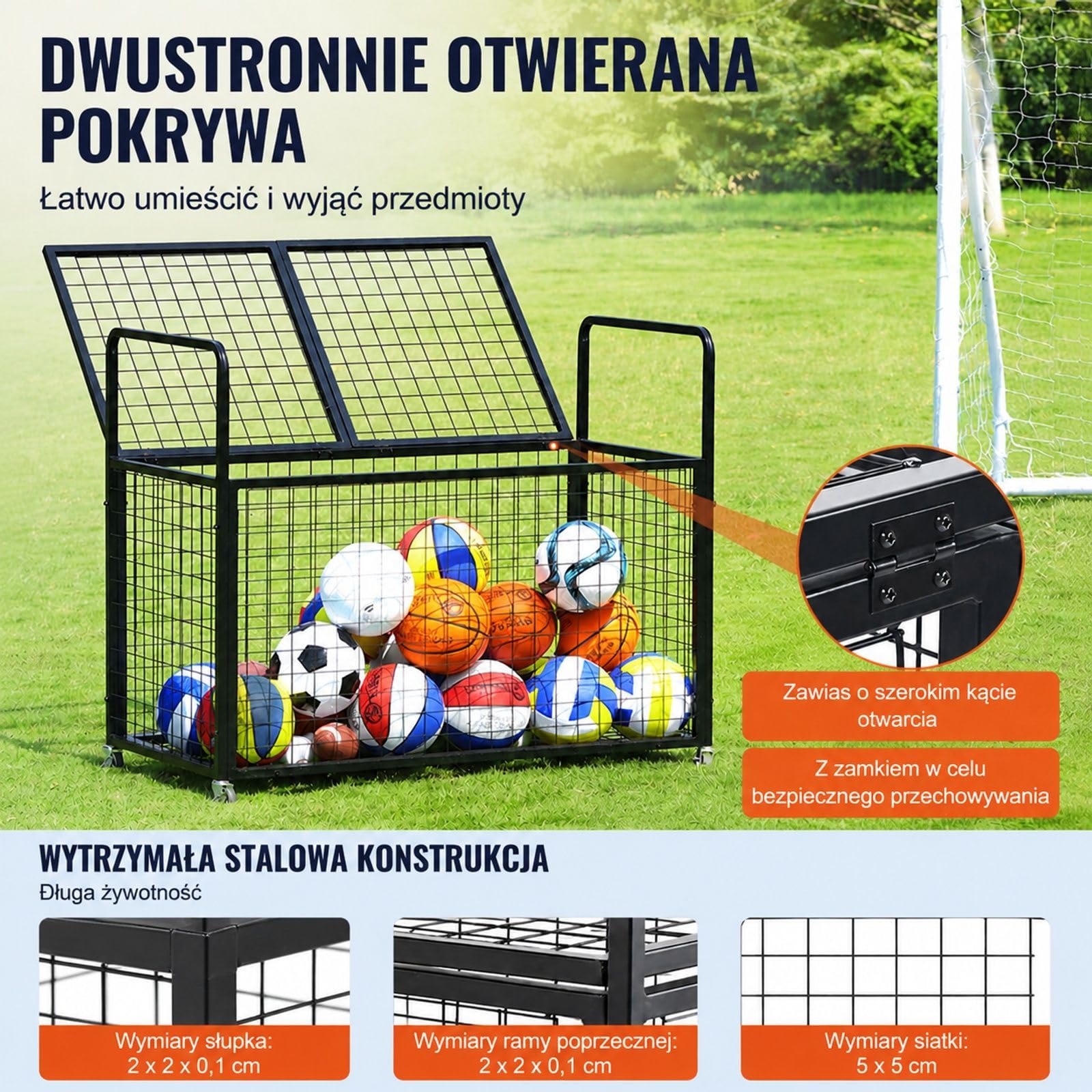 Wózek do Przechowywania Piłek Sportowych, Zamykany Organizer ze Stali Węglowej z Podwójną Górną Pokrywą do Garażu