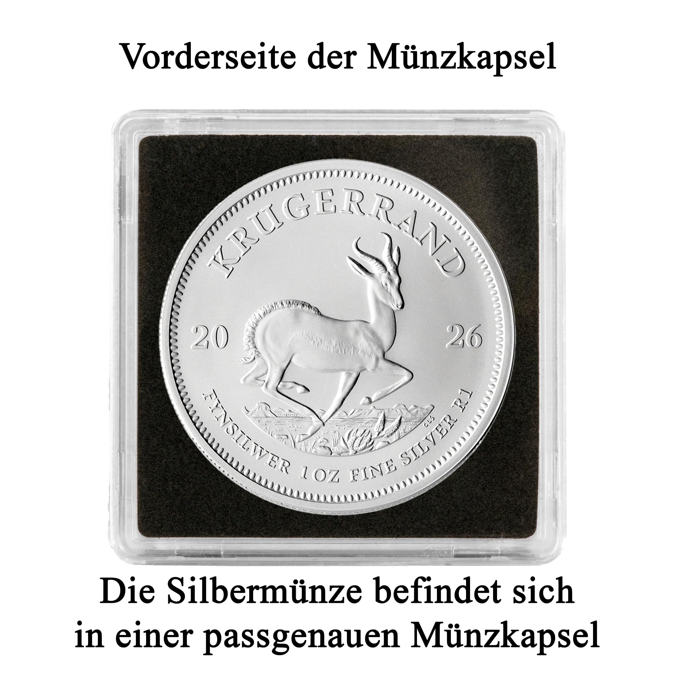 Silbermünze 1 oz Krügerrand | Aktueller Jahrgang | Feinsilber 999 | In Münzkapsel & schwarzem Etui | Inkl. Grußkarte und Echtheitsgarantie | Geschenk & Sammlermünze