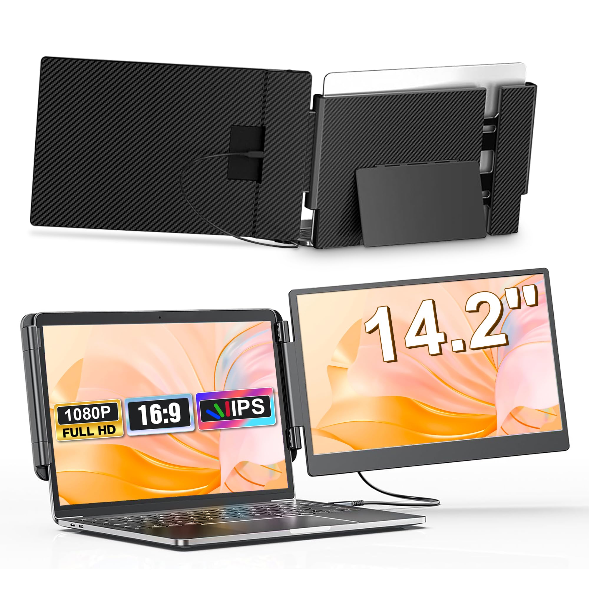 14.2’’ Laptop Screen Extender, Dual Laptop Bildschirm Erweiterung, Portable Monitor, Tragbarer Monitor, HDMI/USB-A/Type-C Plug and Play für Windows, Mac, Chrome, Android mit 13