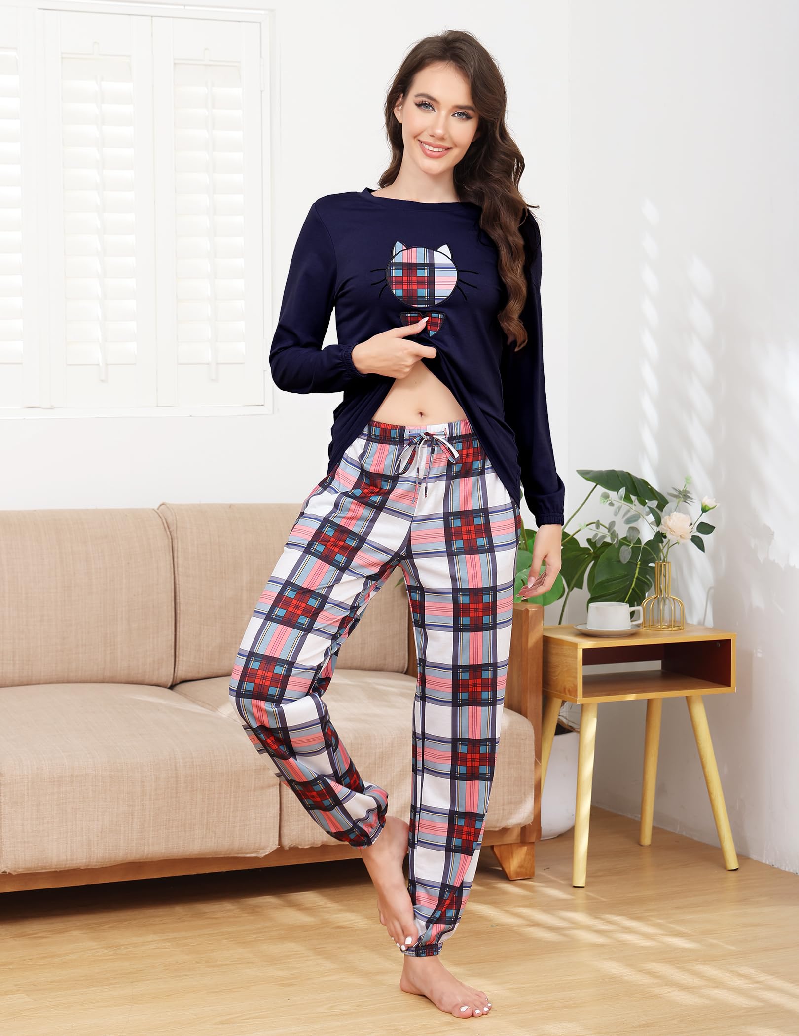 Les-Theresa Pigiama da Donna, Pigiama Lungo, da Donna, Comodo e alla Moda, con Motivo a Gatto, con Stampa a Maniche Lunghe, Pigiameria e Pantaloni Lunghi Femminili