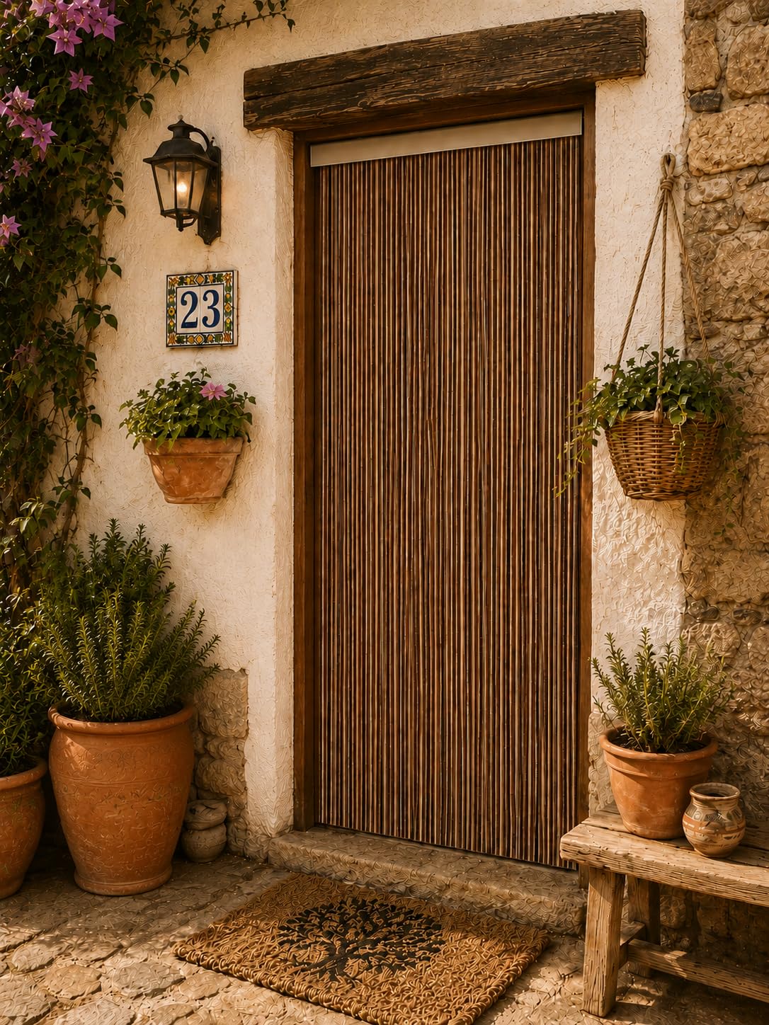 Cortina de Puerta, Exterior e Interior, 90 x 210 cm, MARRON-BEIGE, PVC y aluminio, Evita la entrada de Insectos, bichos, fácil de instalar, Fabricada en España