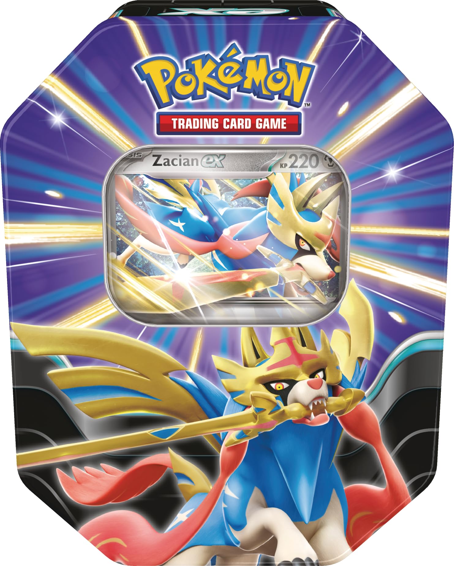 Pokémon-Sammelkartenspiel Tin-Box Schlagkräftige Legenden – Zacian-ex (1 holografische Promokarte & 4 Boosterpacks)