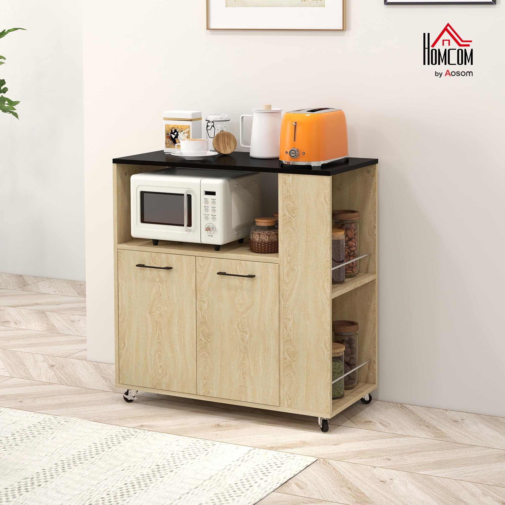 HOMCOM Carrello Cucina con Ripiano Aperto, Armadietto a 2 Ante e Scaffale Laterale a 2 Livelli, Carrello Multiuso con Ripiano Regolabile in Legno, 75x40x80.5 cm, Color Rovere e Nero